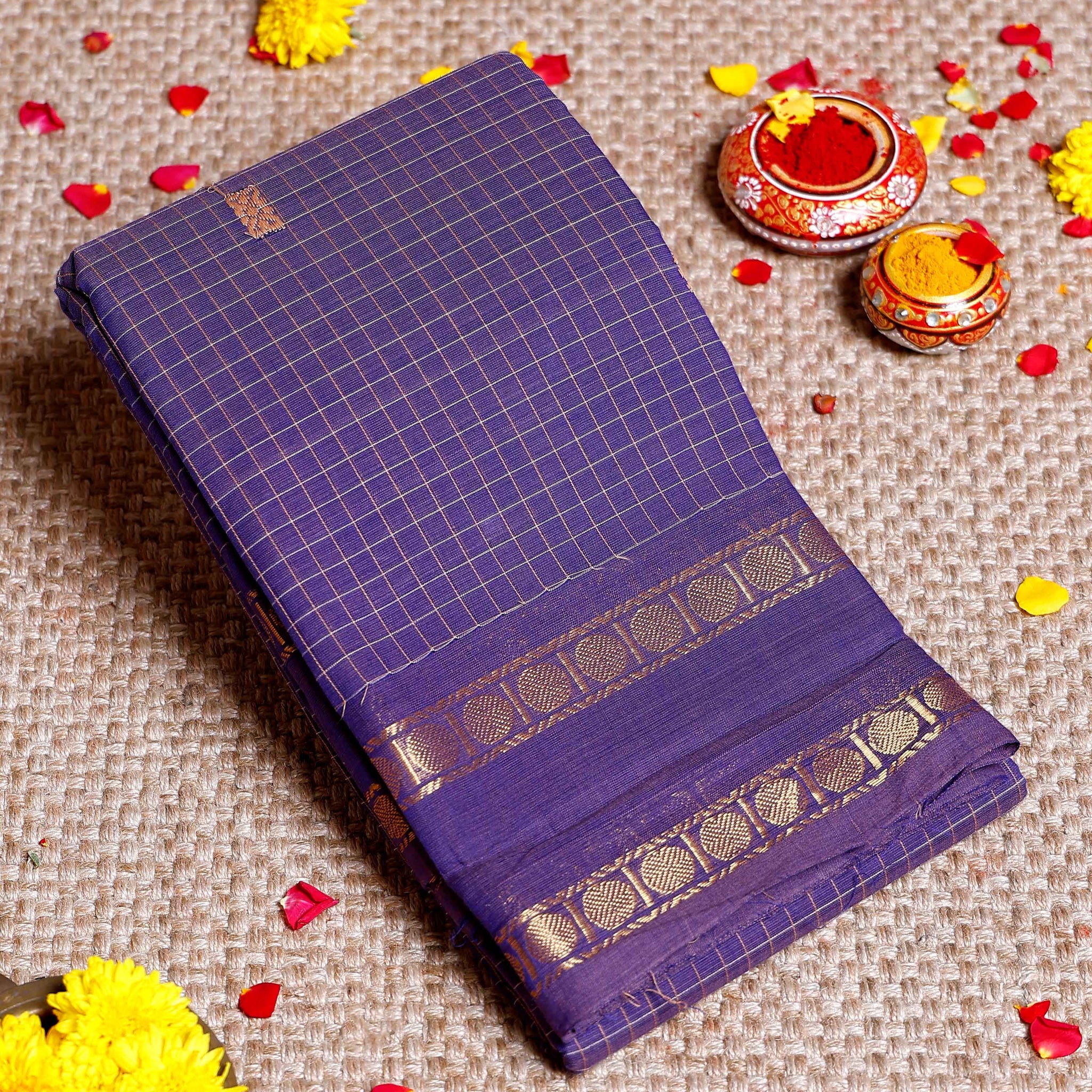 Handloom Sungudi Cotton Saree with Zari Checks and Traditional Border Design - Purple