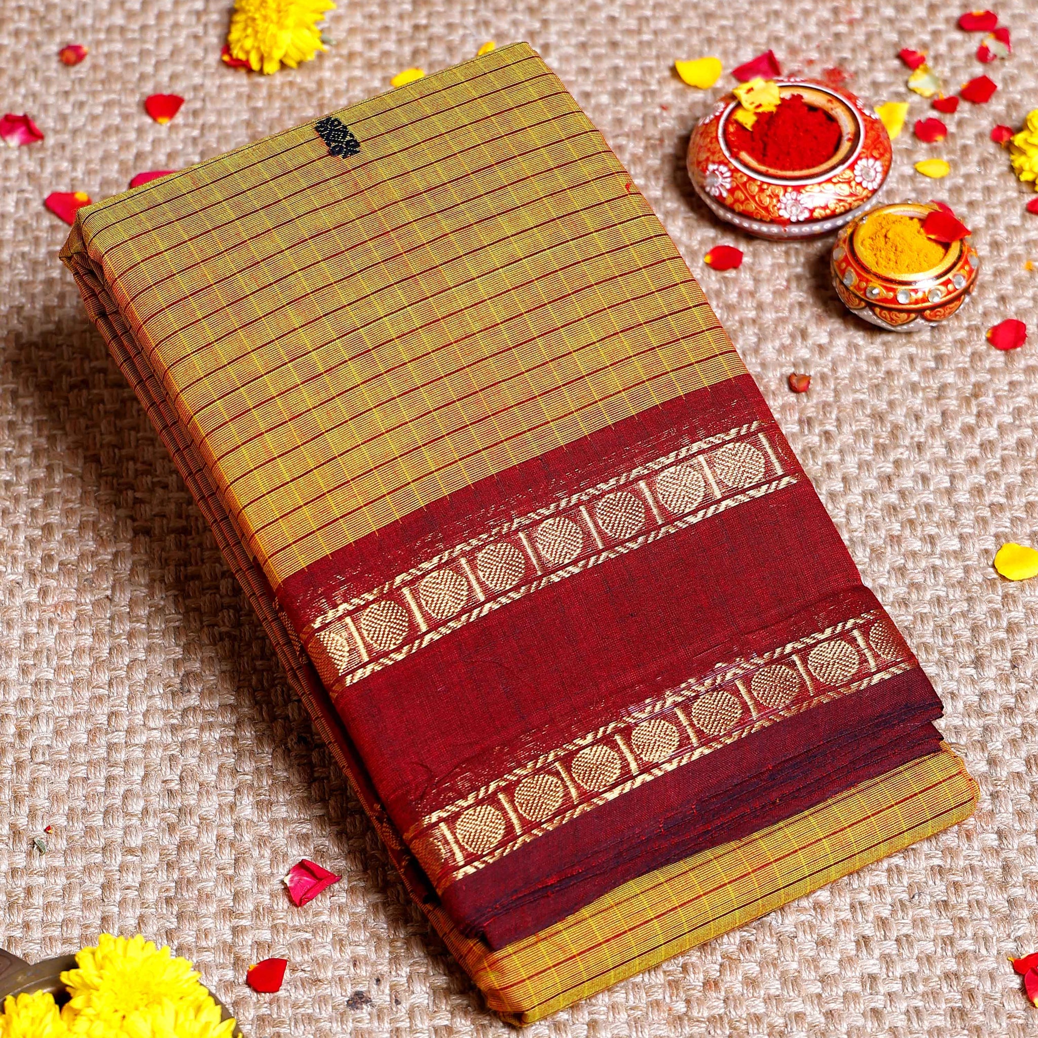Handloom Sungudi Cotton Saree with Zari Checks and Traditional Border Design - Mustard