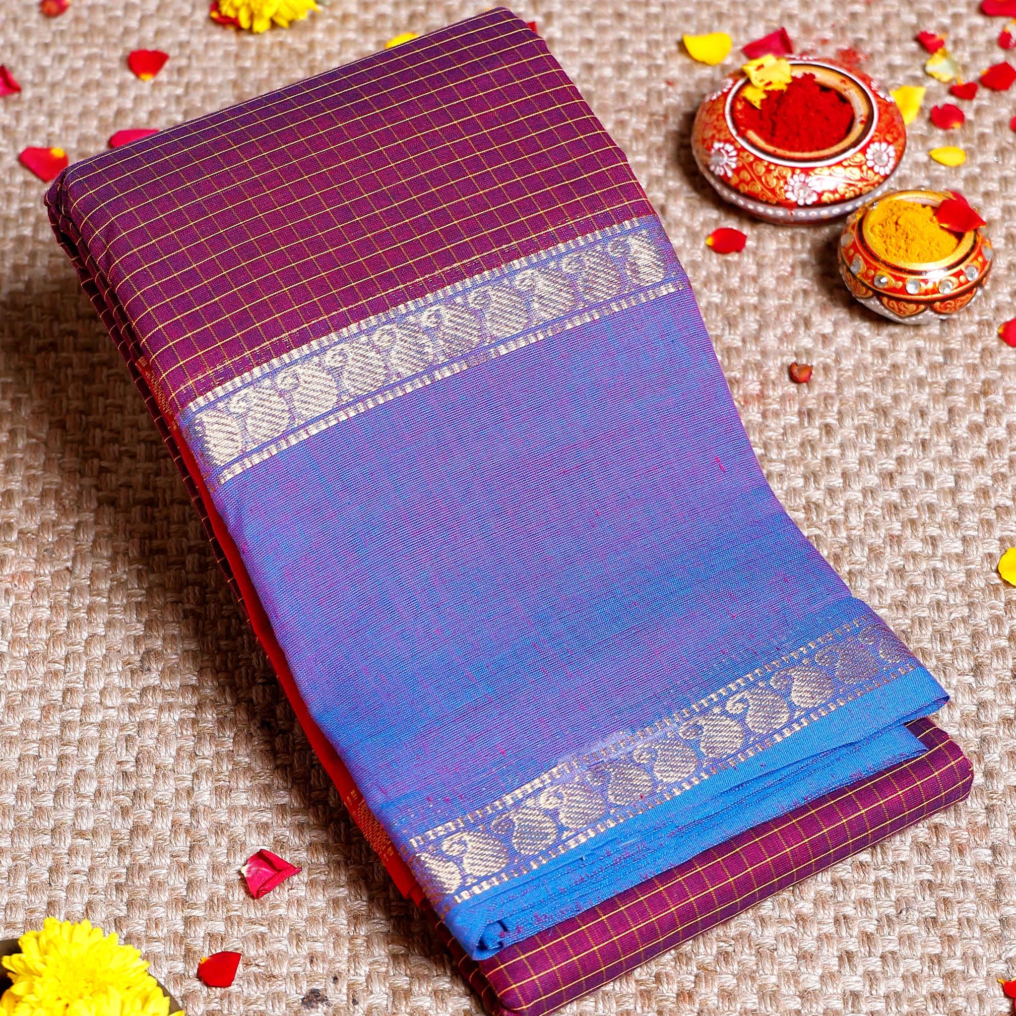 Handloom Sungudi Cotton Saree with Traditional Checks and Contrast Border - Purple