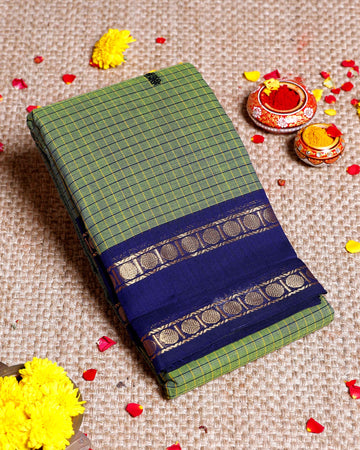Handloom Sungudi Cotton Saree with Zari Checks and Traditional Border Design - Green