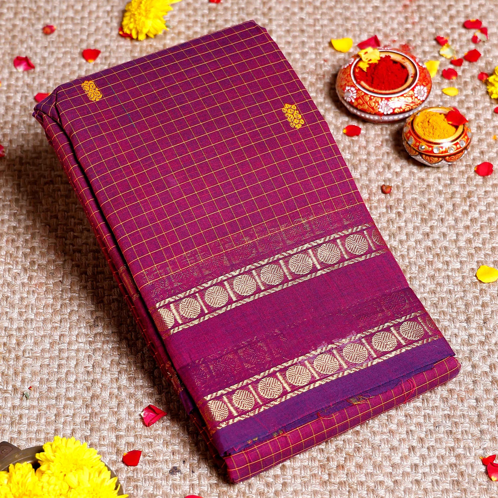 Handloom Sungudi Cotton Saree with Zari Checks and Traditional Border Design - Purple