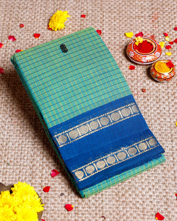 Handloom Sungudi Cotton Saree with Zari Checks and Traditional Border Design - Green