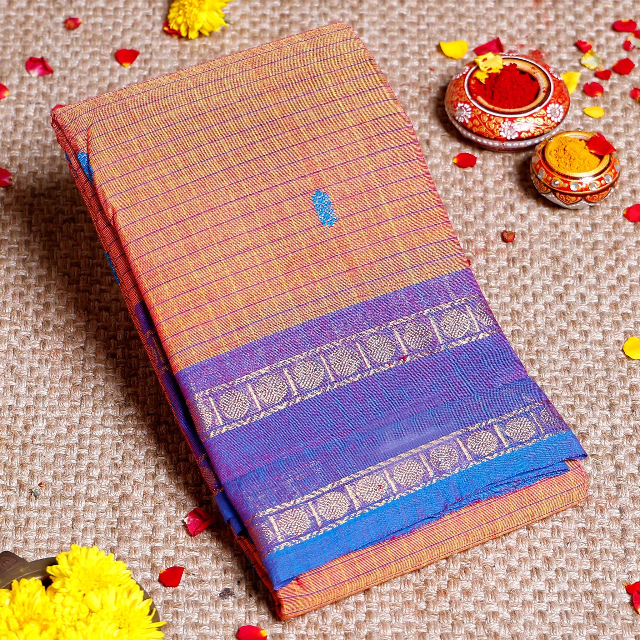 Handloom Sungudi Cotton Saree with Zari Checks and Traditional Border Design - Orange