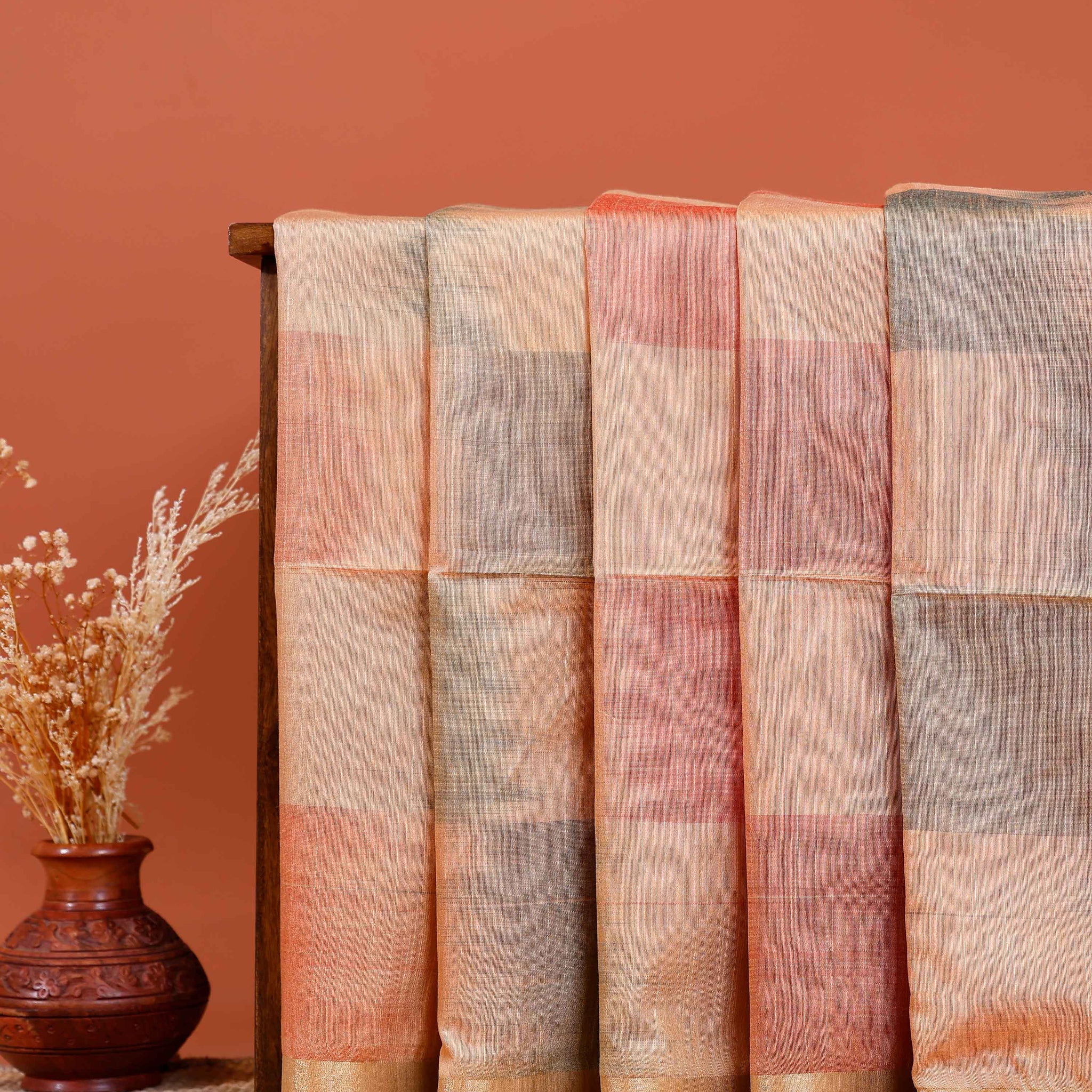 Exquisite Handwoven Semi Silk Saree with Striped Design and Zari Border - Peach
