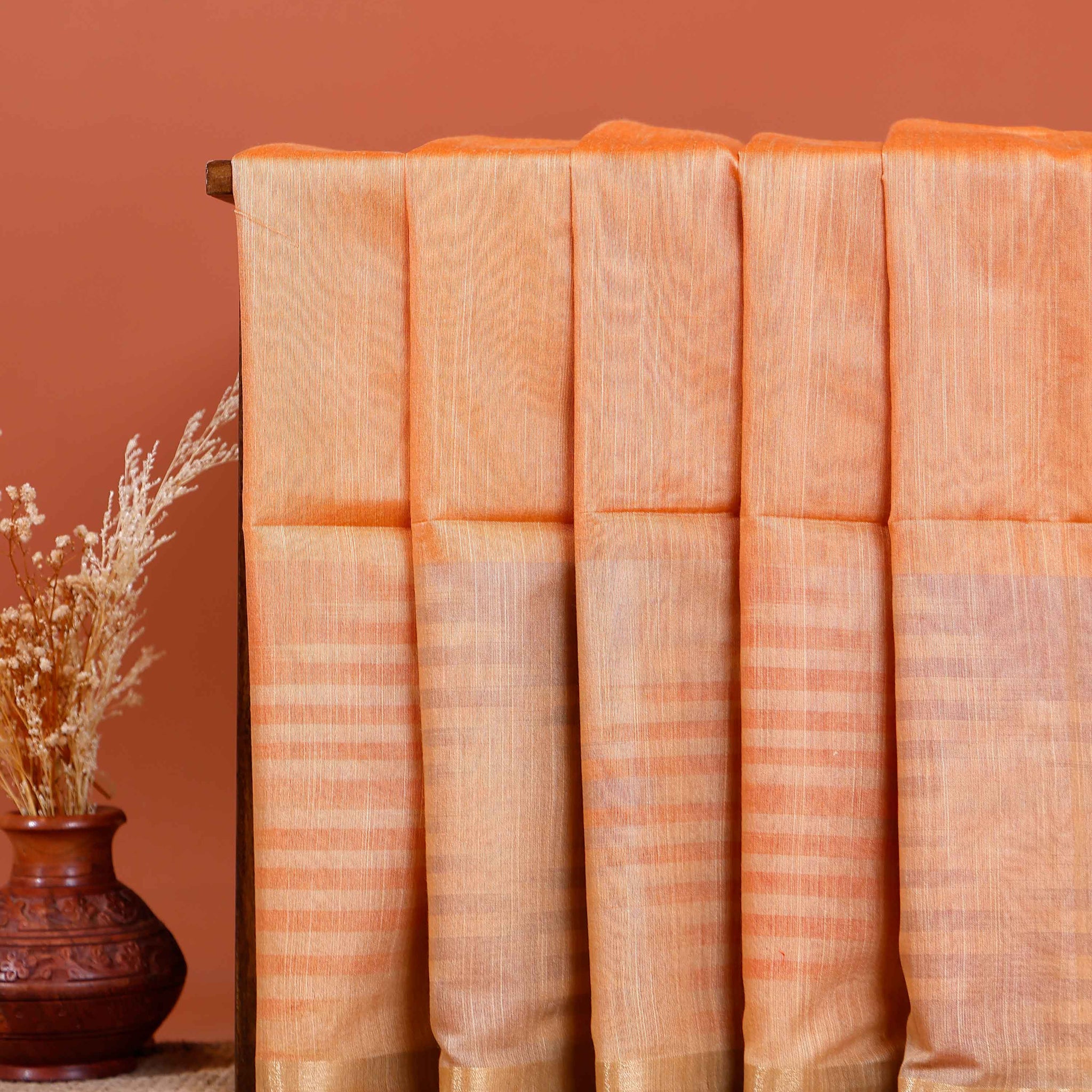 Elegant Semi Silk Saree with Zari Woven Border and Striped Pallu Design - Orange