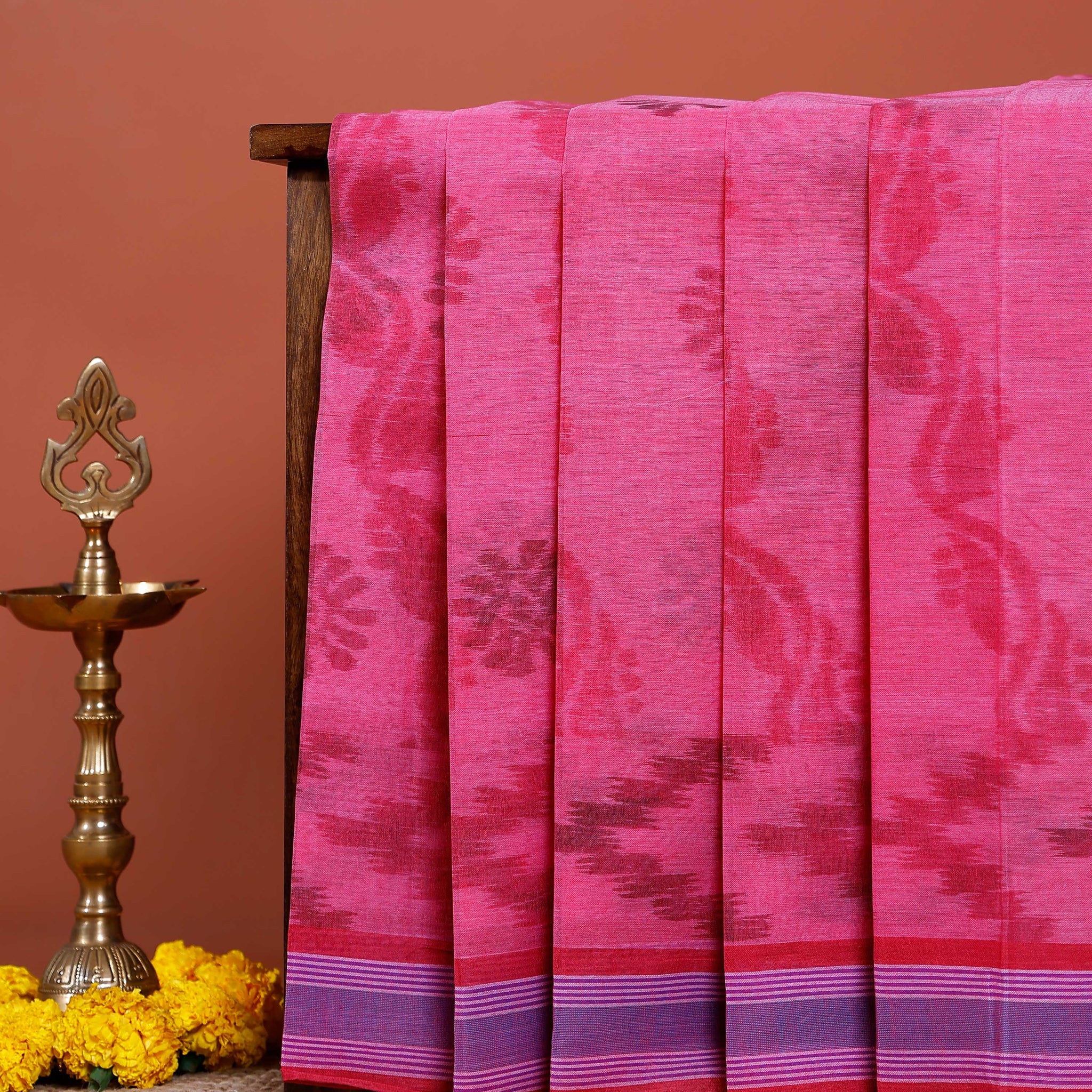 Traditional Bengal Cotton Saree with Floral Block Print and Striped Border - Pink