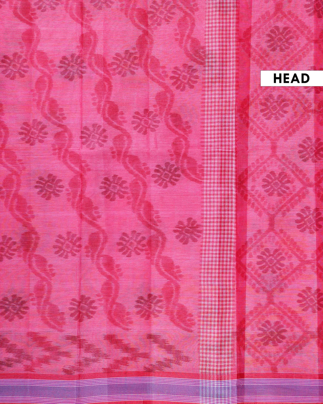 Traditional Bengal Cotton Saree with Floral Block Print and Striped Border - Pink