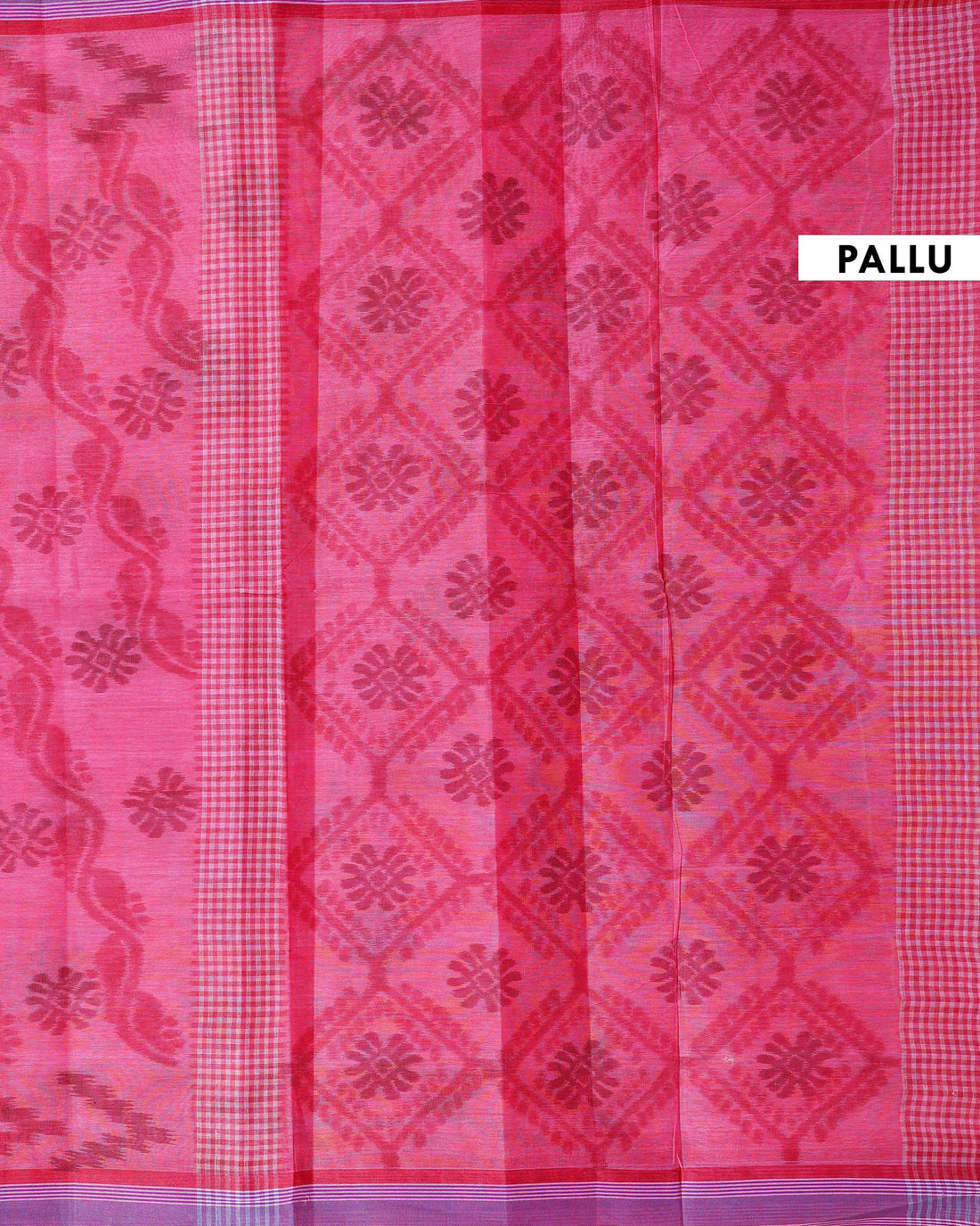Traditional Bengal Cotton Saree with Floral Block Print and Striped Border - Pink