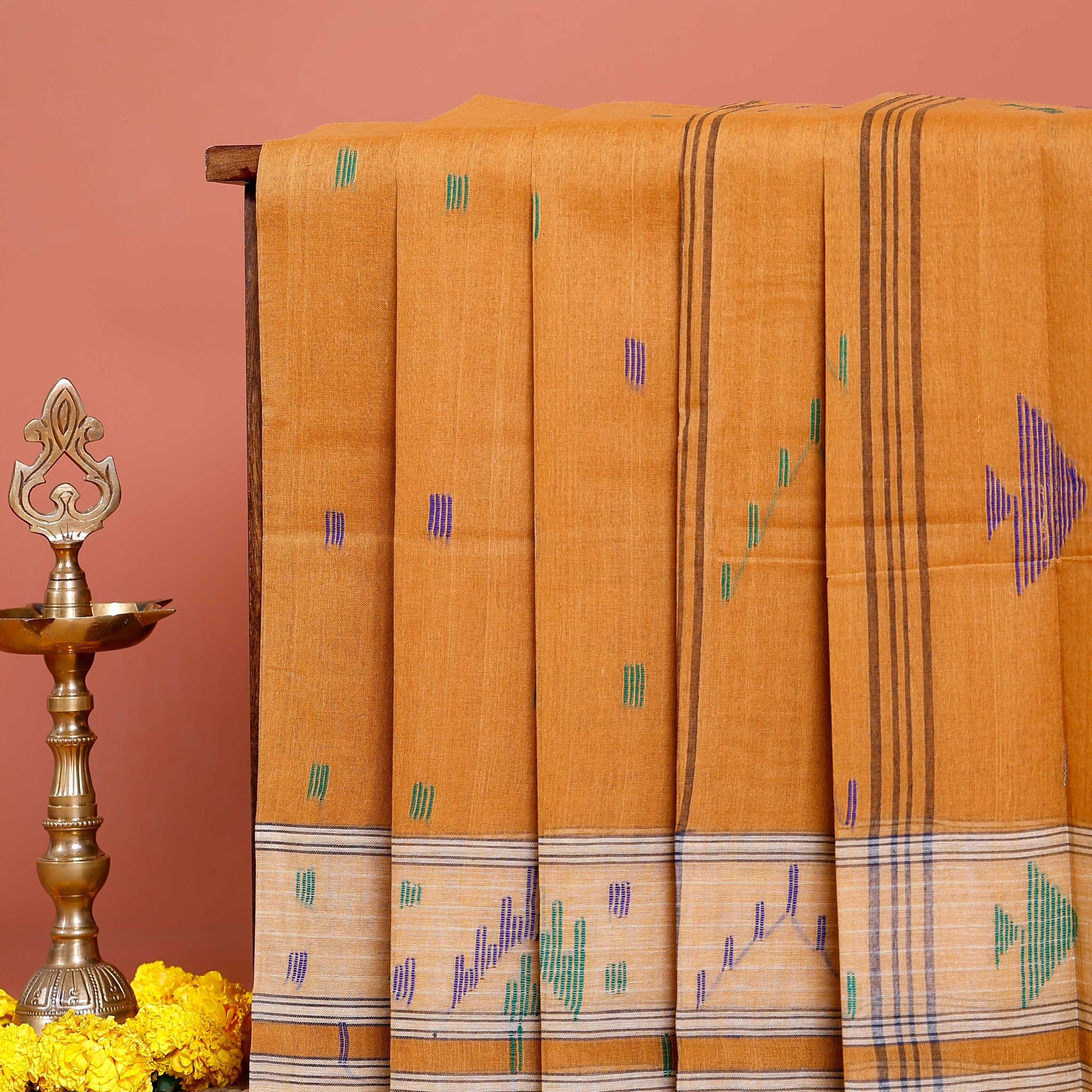 Handloom Bengal Cotton Saree with Traditional Jamdani Motifs and Border Detailing - Orange