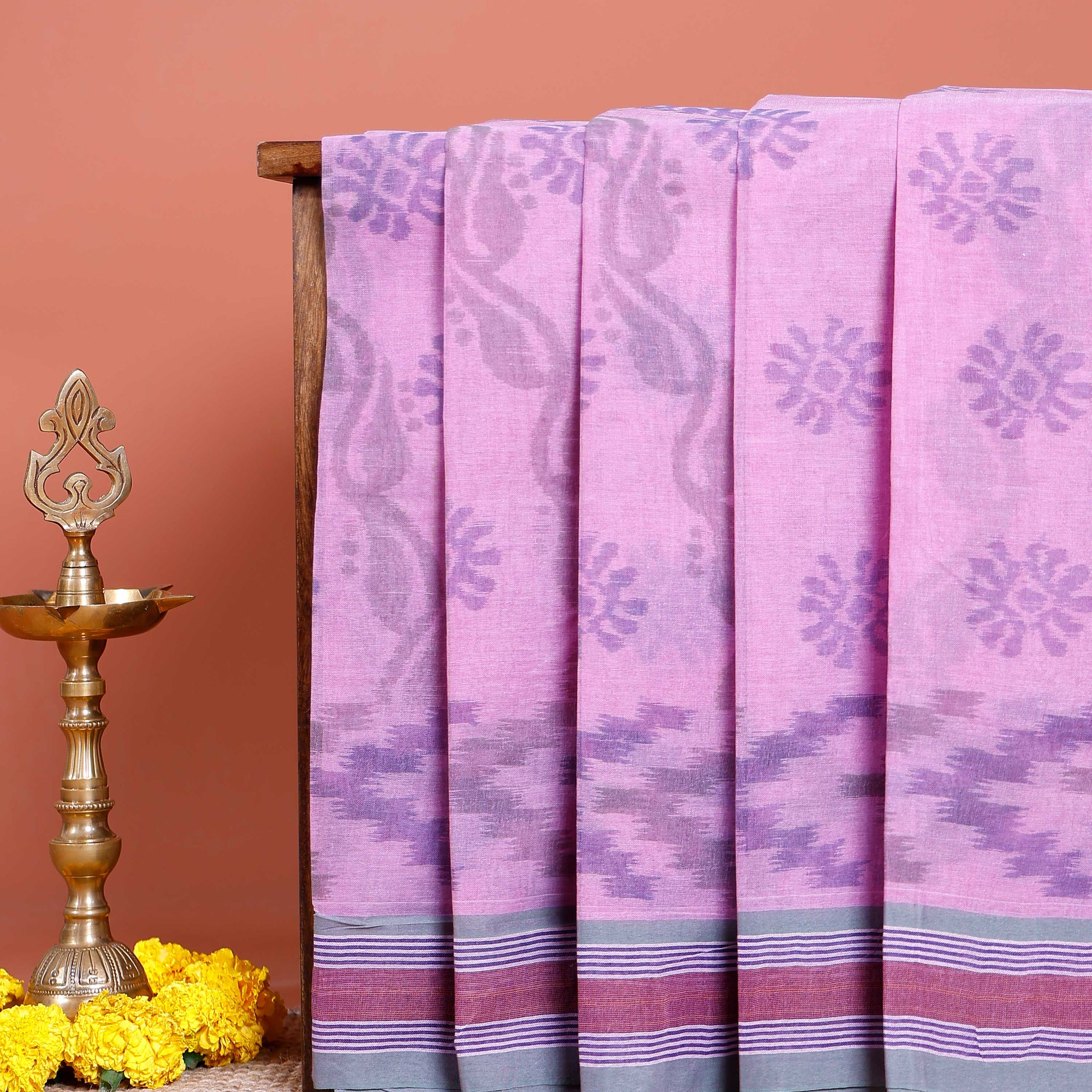 Traditional Bengal Cotton Saree with Floral Block Print and Striped Border - Pink
