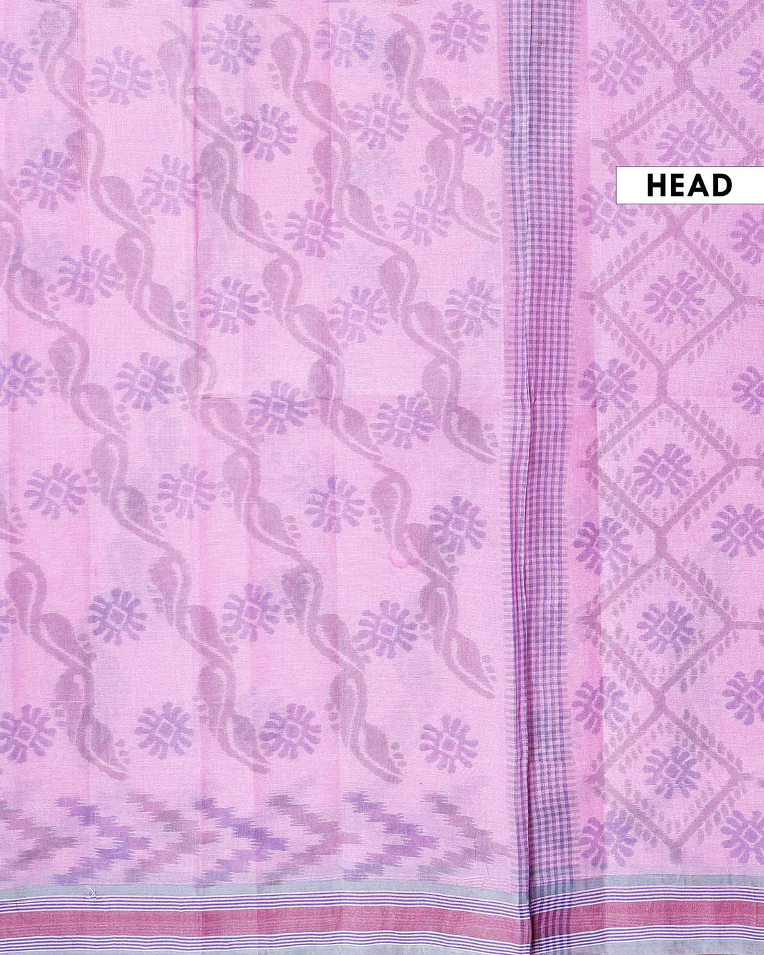 Traditional Bengal Cotton Saree with Floral Block Print and Striped Border - Pink