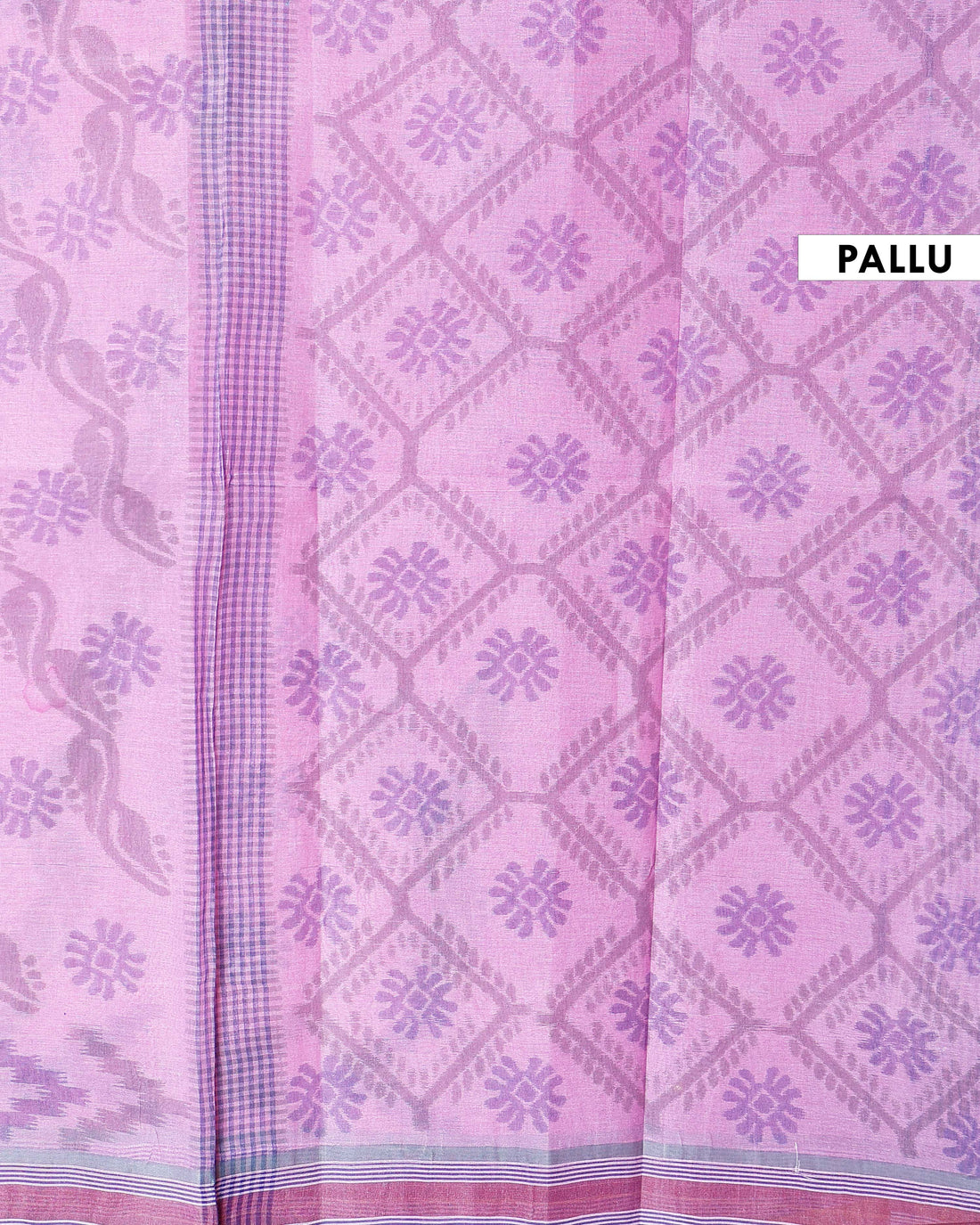Traditional Bengal Cotton Saree with Floral Block Print and Striped Border - Pink