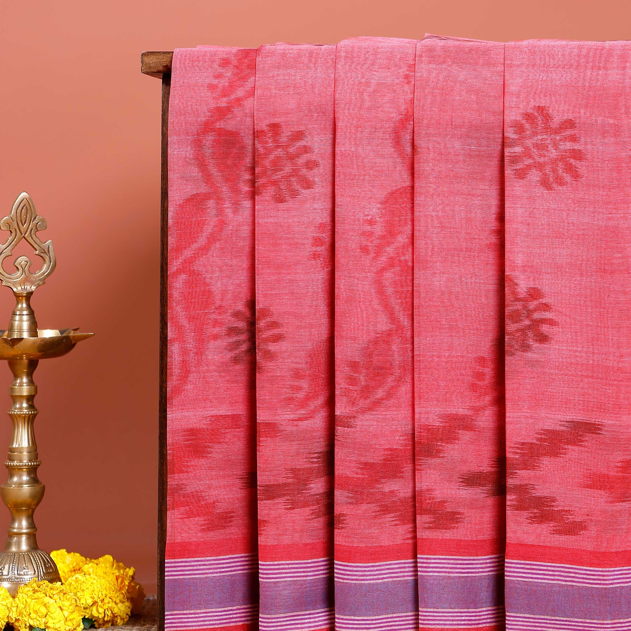 Traditional Bengal Cotton Saree with Floral Block Print and Striped Border - Red
