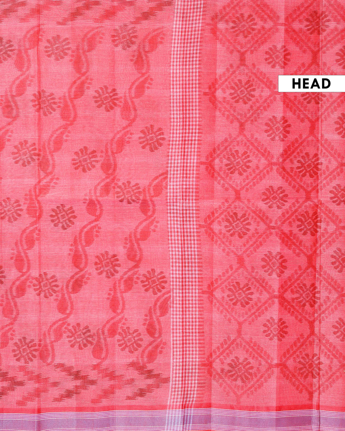 Traditional Bengal Cotton Saree with Floral Block Print and Striped Border - Red