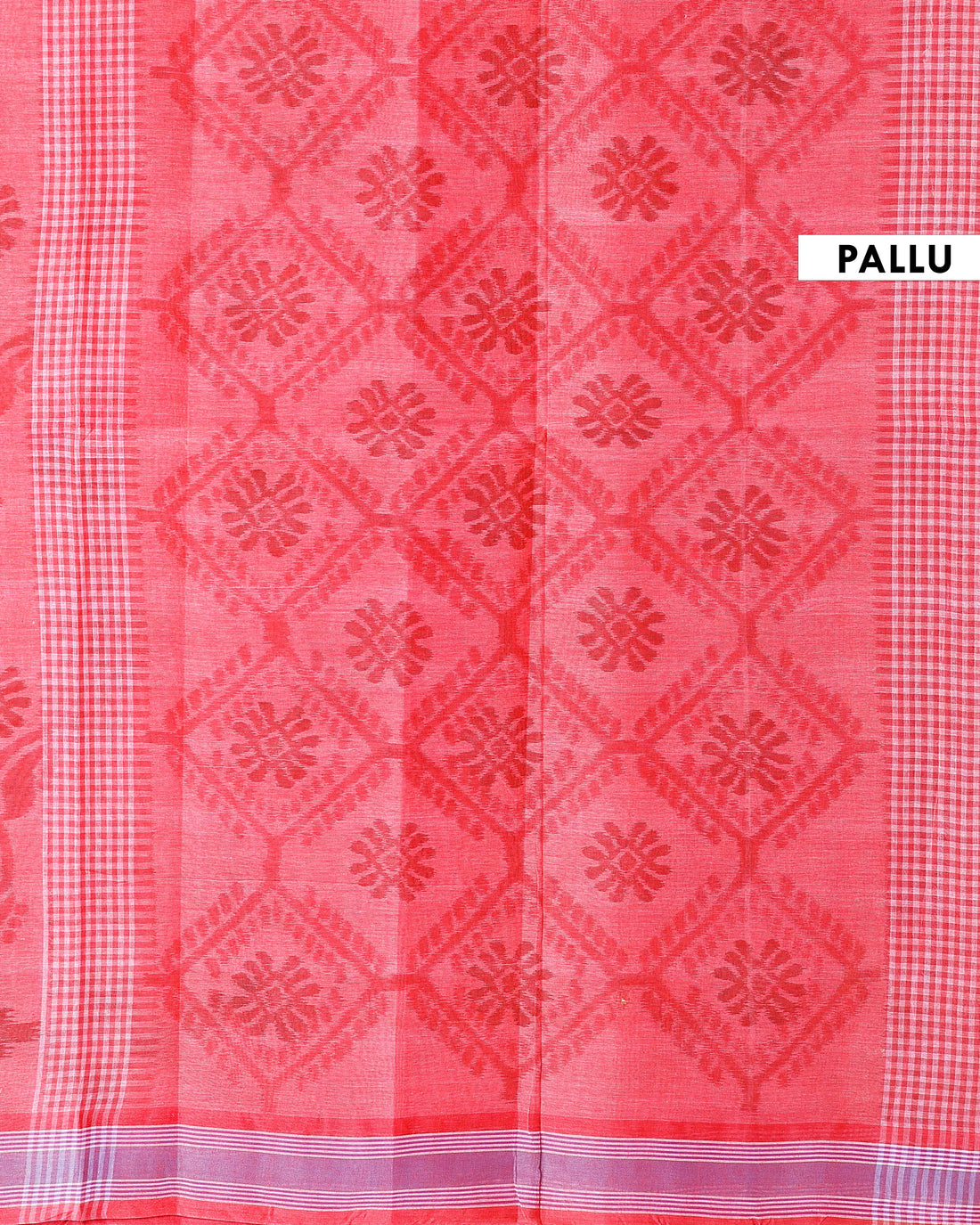 Traditional Bengal Cotton Saree with Floral Block Print and Striped Border - Red