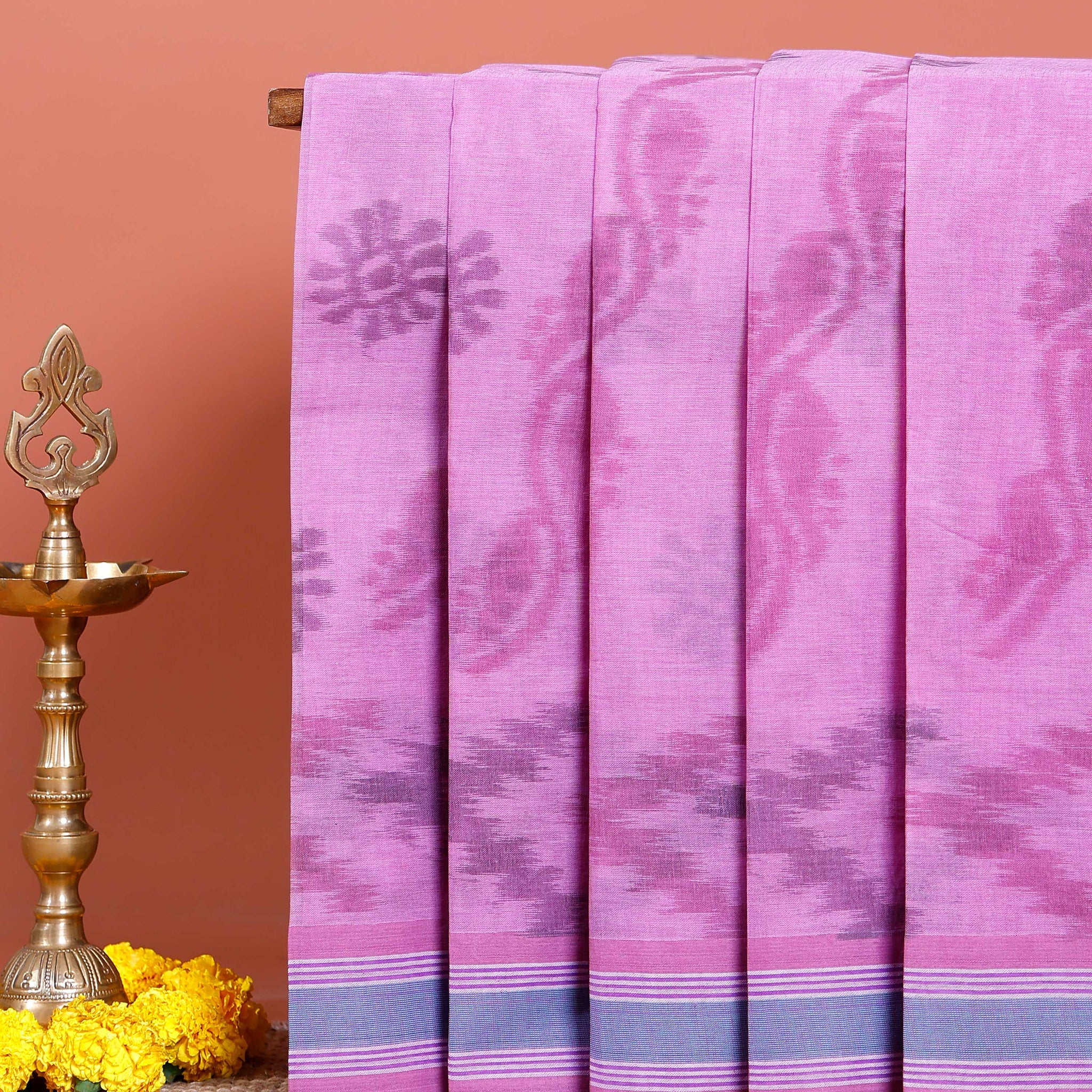 Traditional Bengal Cotton Saree with Floral Block Print and Striped Border - Pink