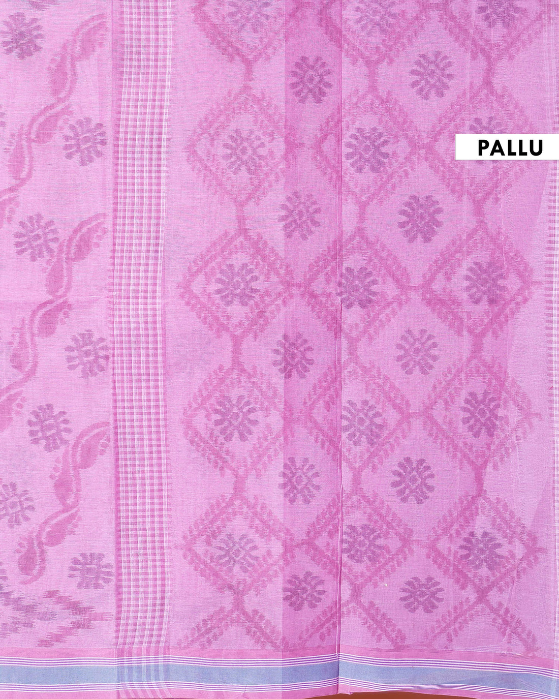 Traditional Bengal Cotton Saree with Floral Block Print and Striped Border - Pink