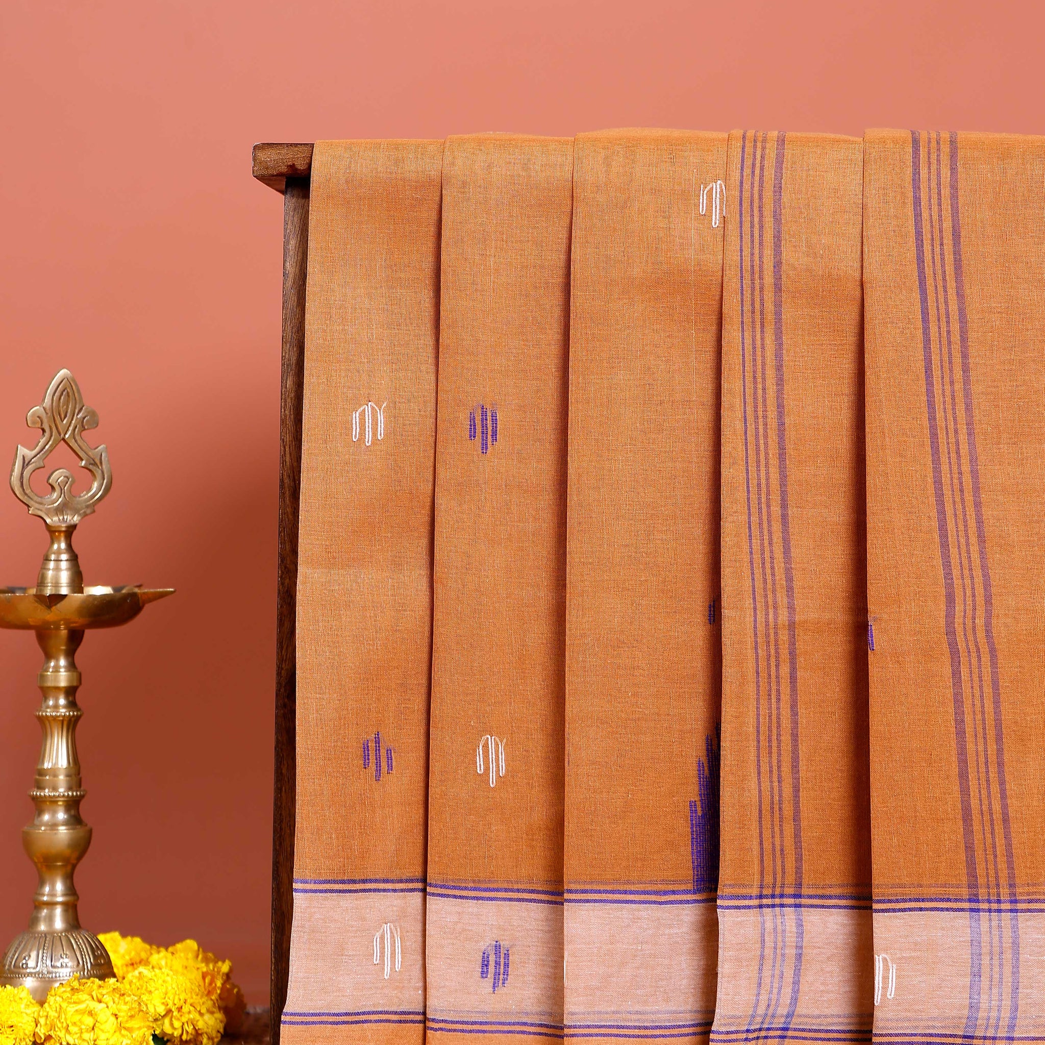 Handloom Bengal Cotton Saree with Traditional Jamdani Motifs and Border Detailing - Orange