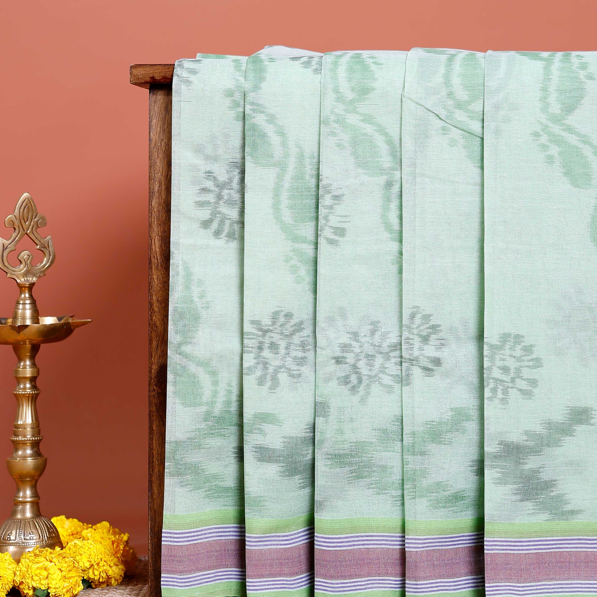 Traditional Bengal Cotton Saree with Floral Block Print and Striped Border - Green