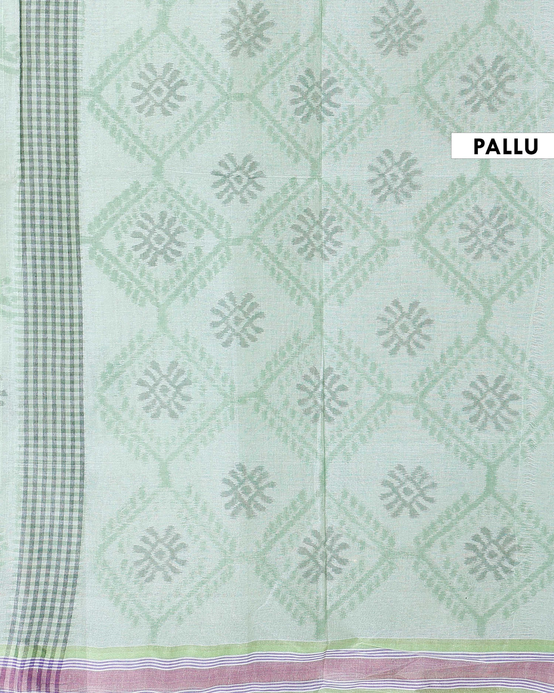 Traditional Bengal Cotton Saree with Floral Block Print and Striped Border - Green