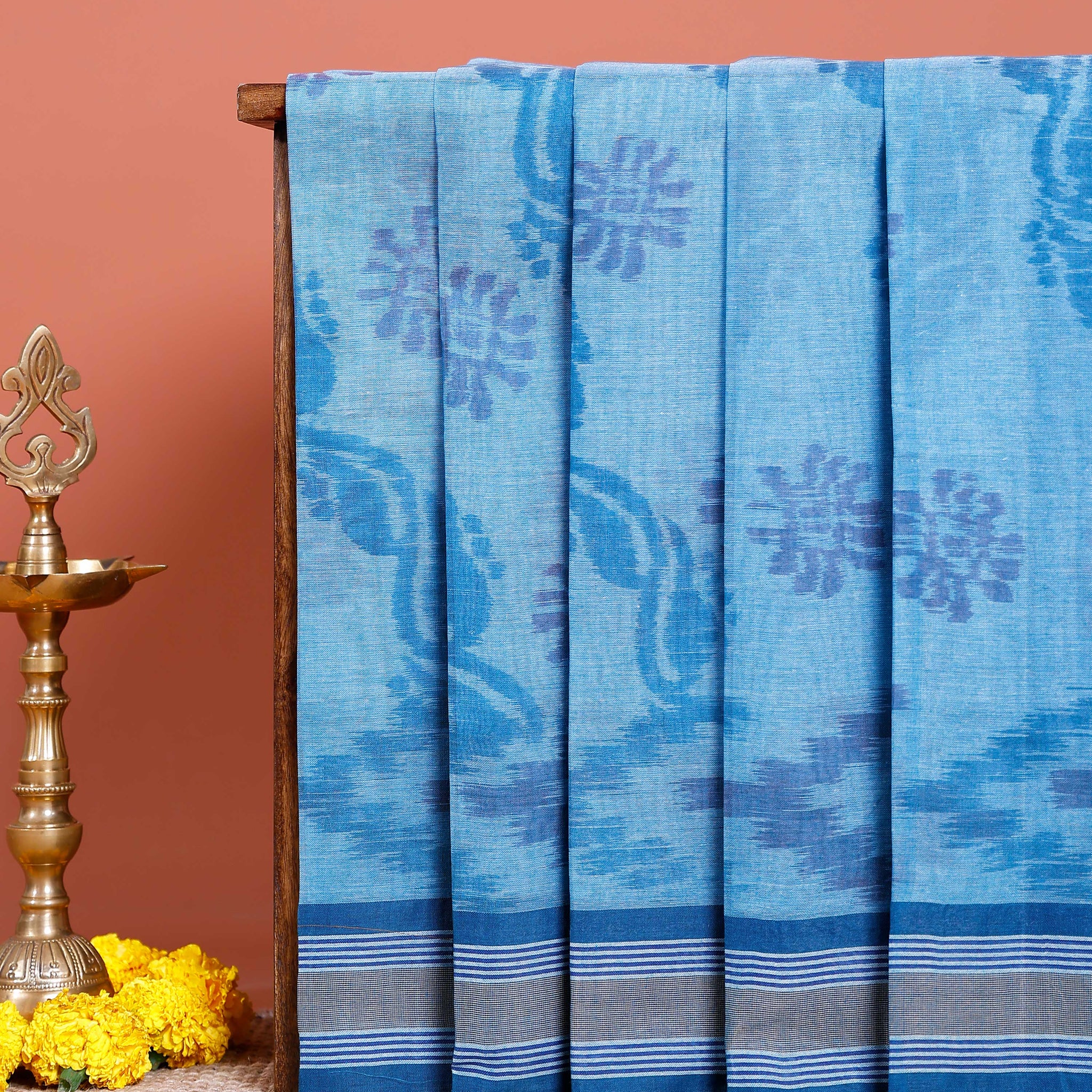 Traditional Bengal Cotton Saree with Floral Block Print and Striped Border - Blue