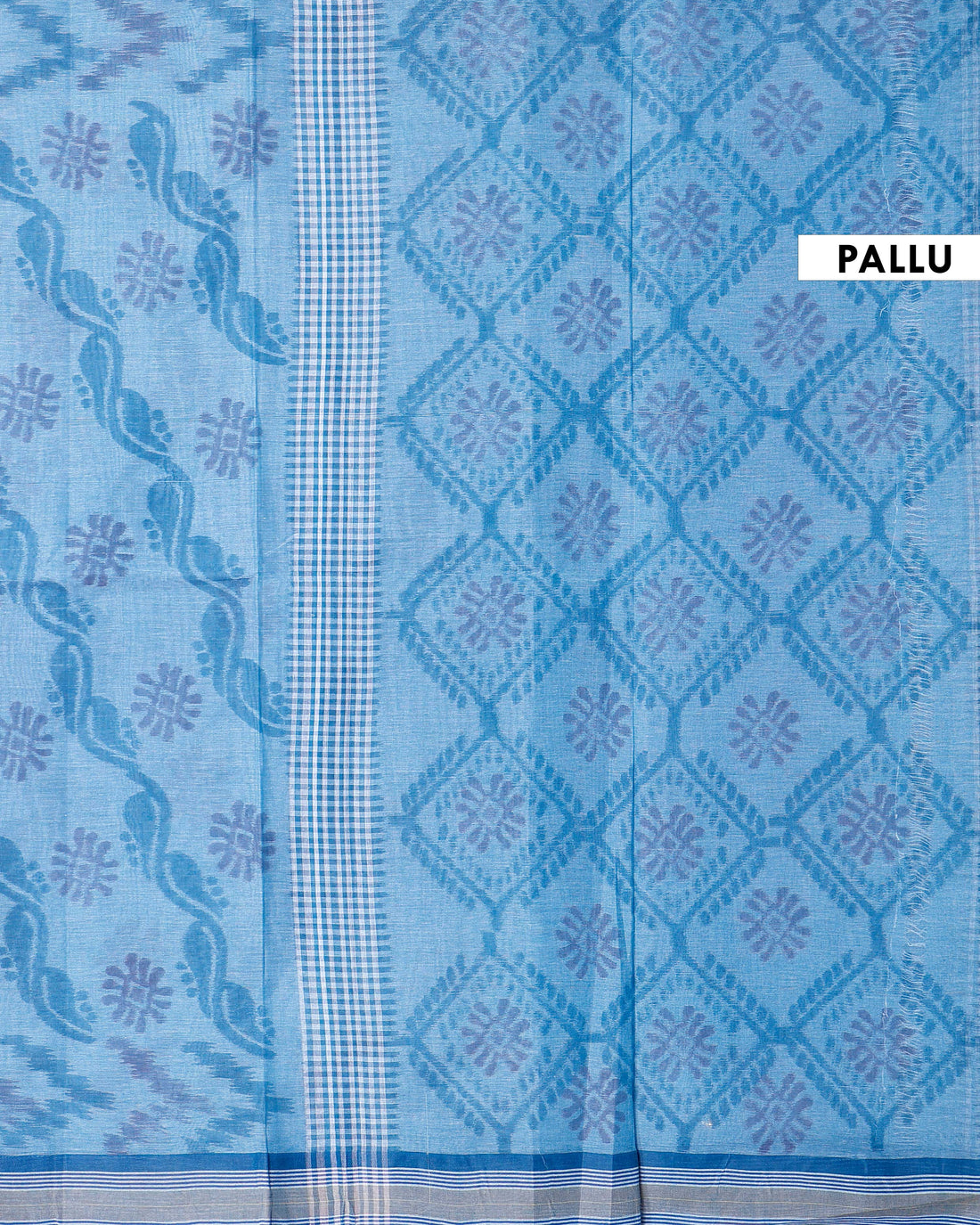 Traditional Bengal Cotton Saree with Floral Block Print and Striped Border - Blue