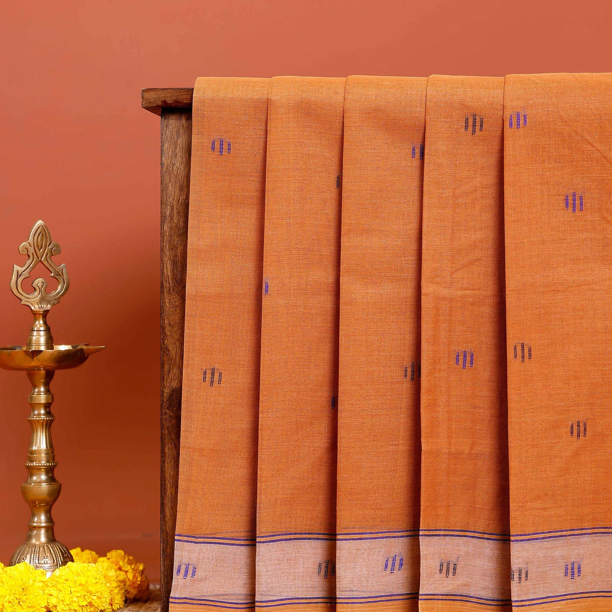 Handloom Bengal Cotton Saree with Traditional Jamdani Motifs and Border Detailing - Orange