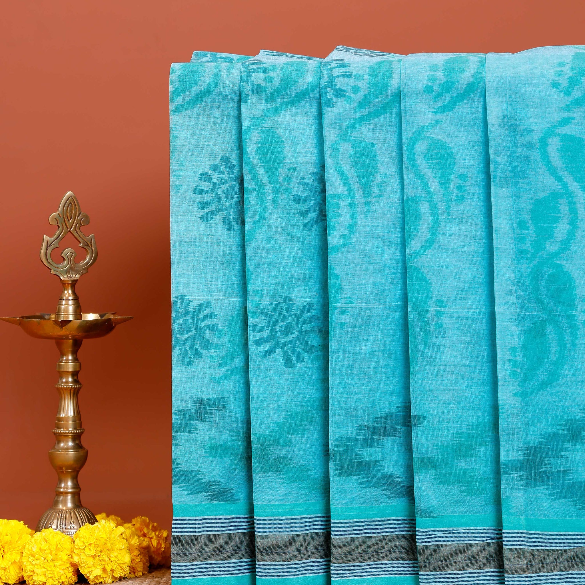 Traditional Bengal Cotton Saree with Floral Block Print and Striped Border - Blue