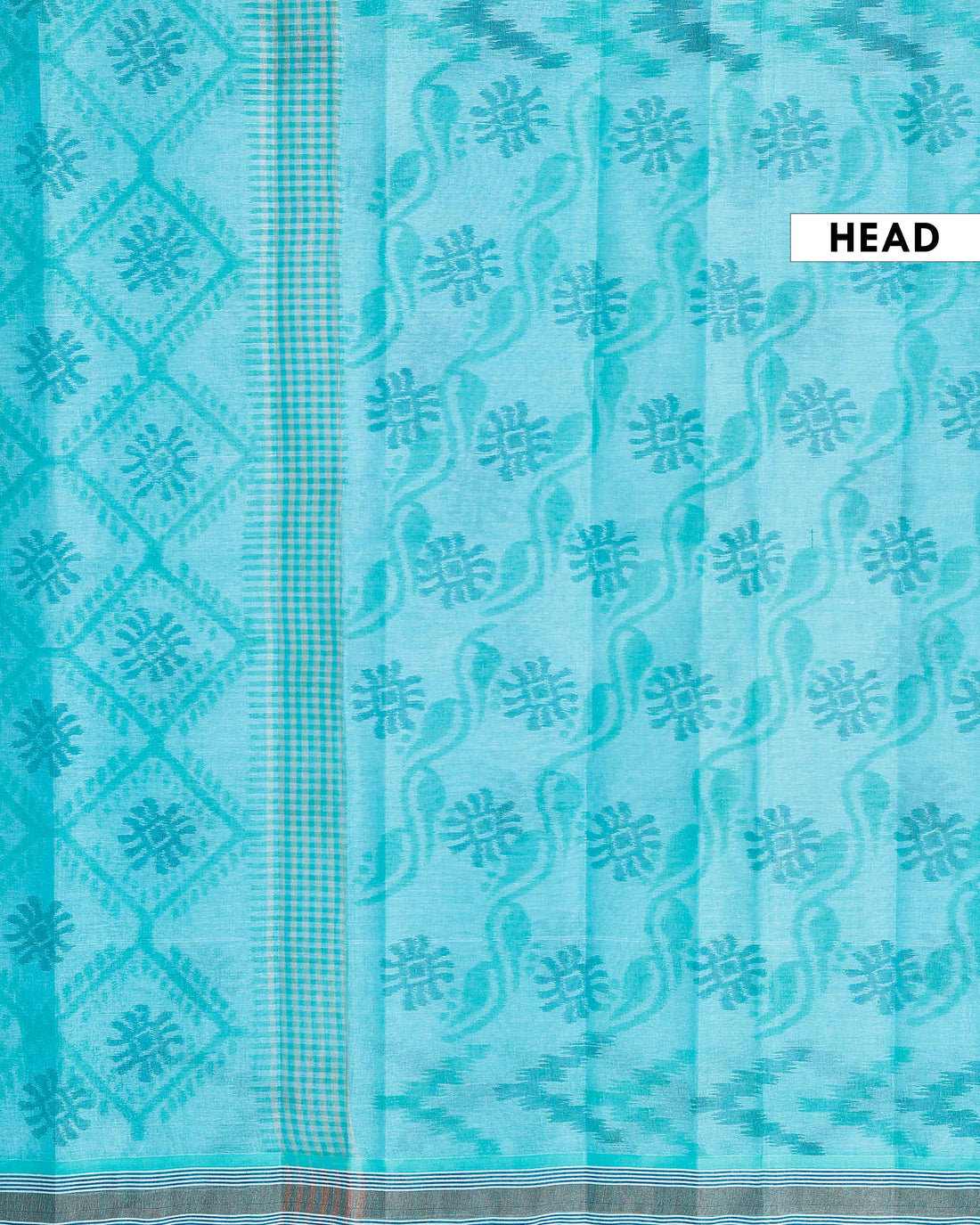 Traditional Bengal Cotton Saree with Floral Block Print and Striped Border - Blue