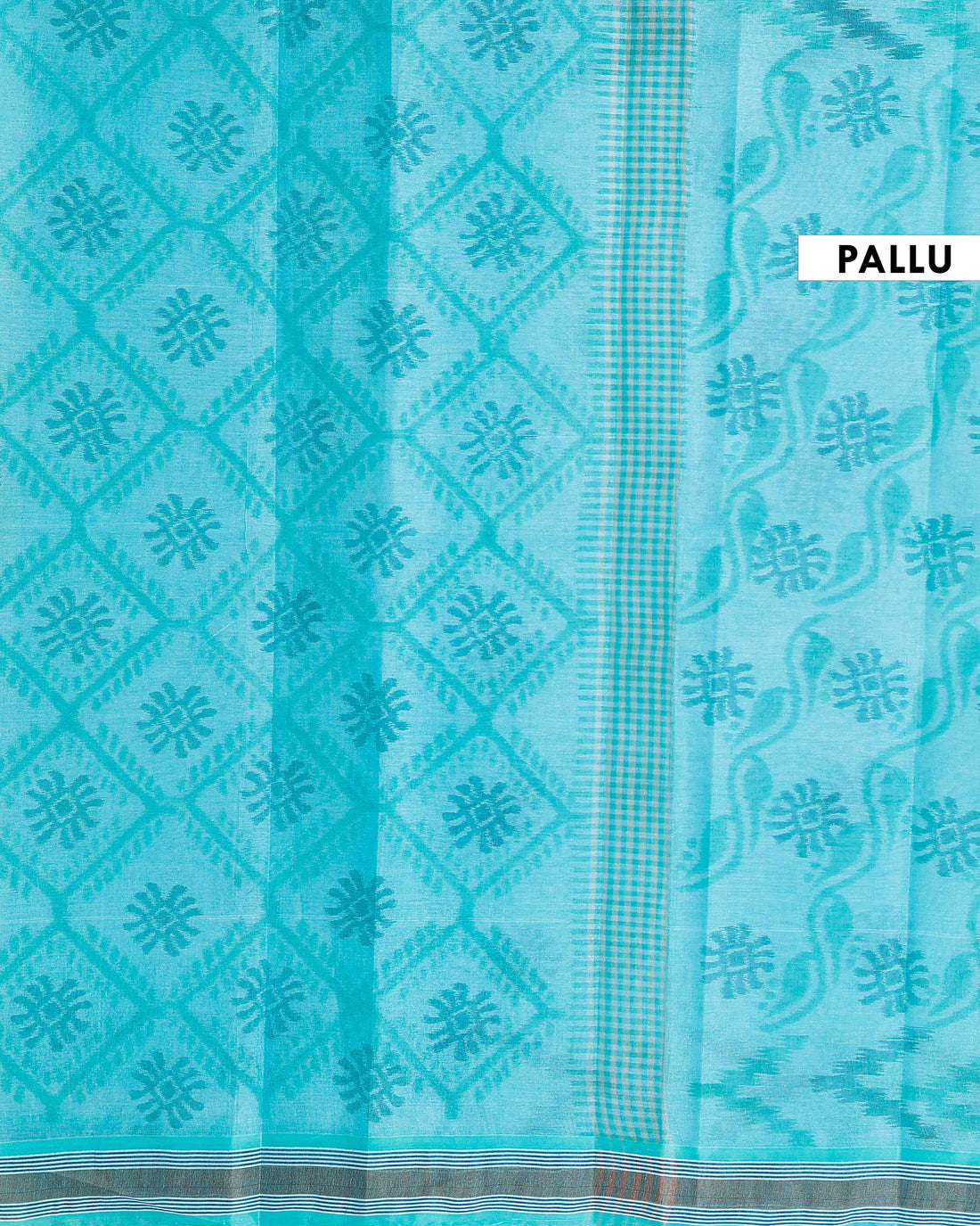 Traditional Bengal Cotton Saree with Floral Block Print and Striped Border - Blue