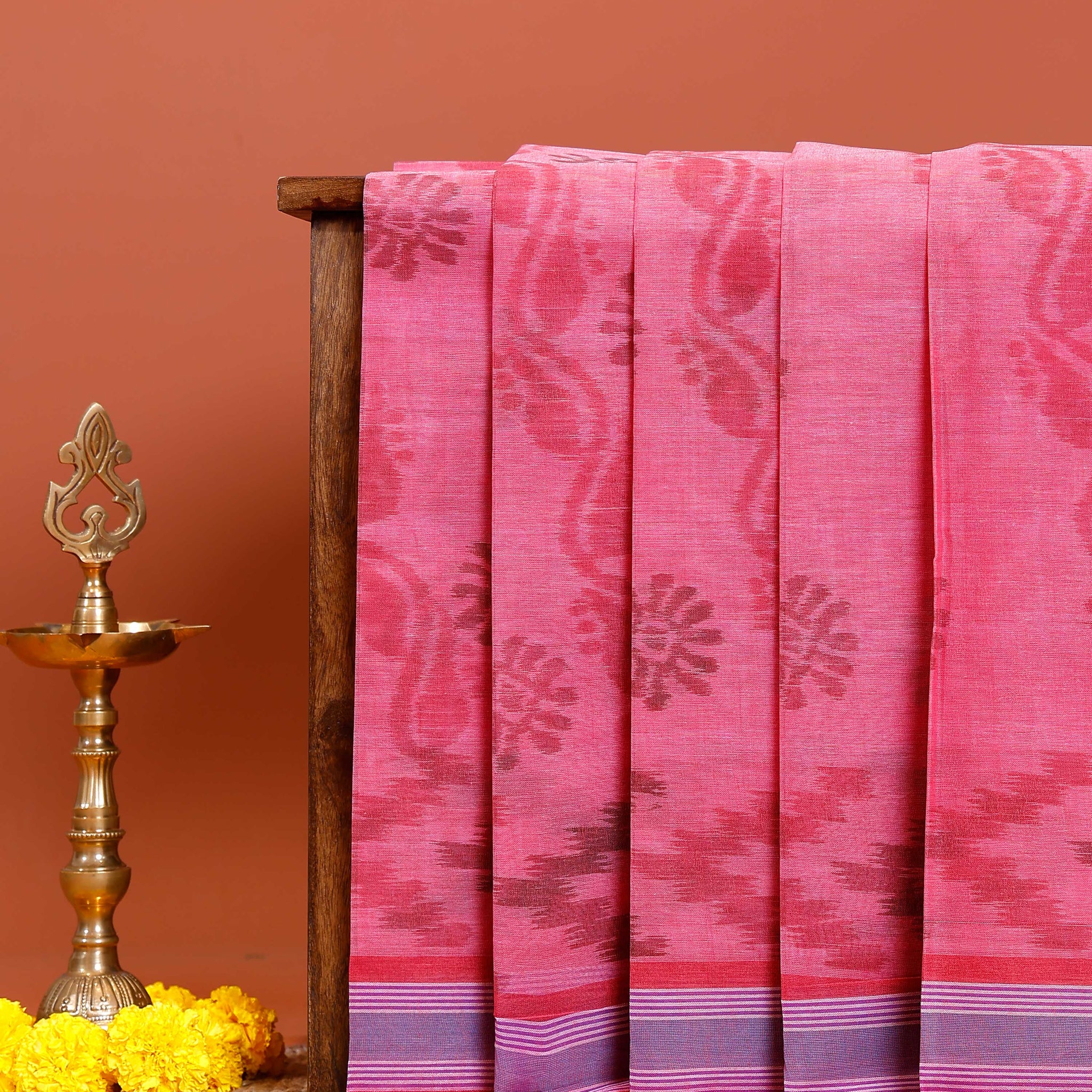 Traditional Bengal Cotton Saree with Floral Block Print and Striped Border - Pink