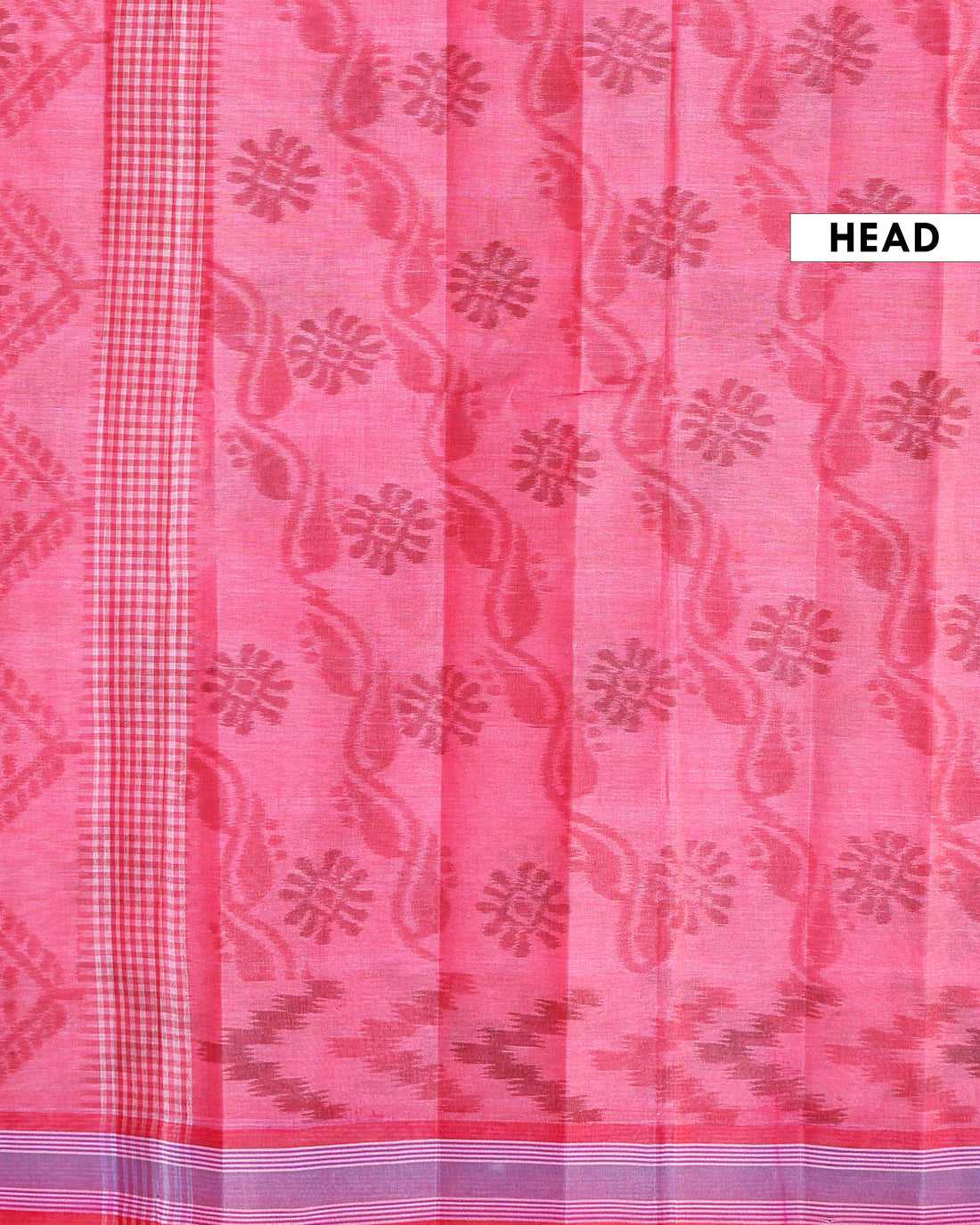Traditional Bengal Cotton Saree with Floral Block Print and Striped Border - Pink