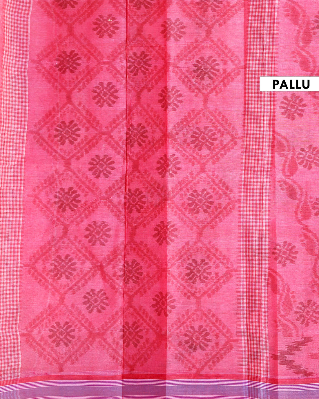 Traditional Bengal Cotton Saree with Floral Block Print and Striped Border - Pink