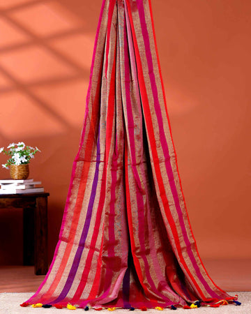 Handloom Mul Mul Cotton Saree with Vertical Stripe Pattern and Decorative Tassels - Multi