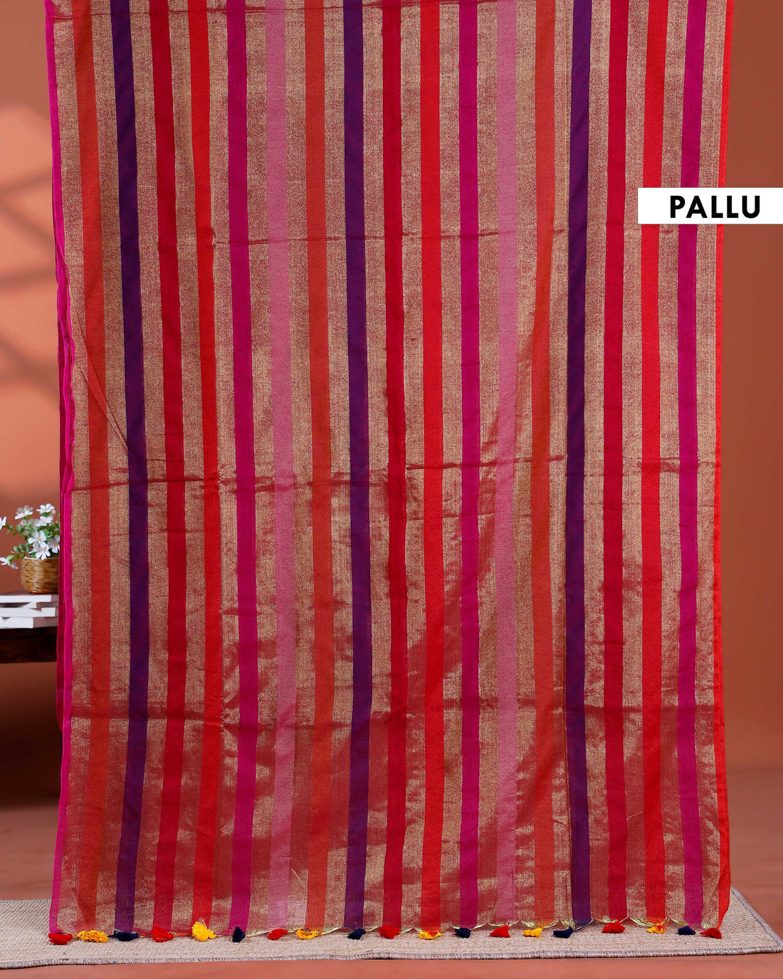 Handloom Mul Mul Cotton Saree with Vertical Stripe Pattern and Decorative Tassels - Multi