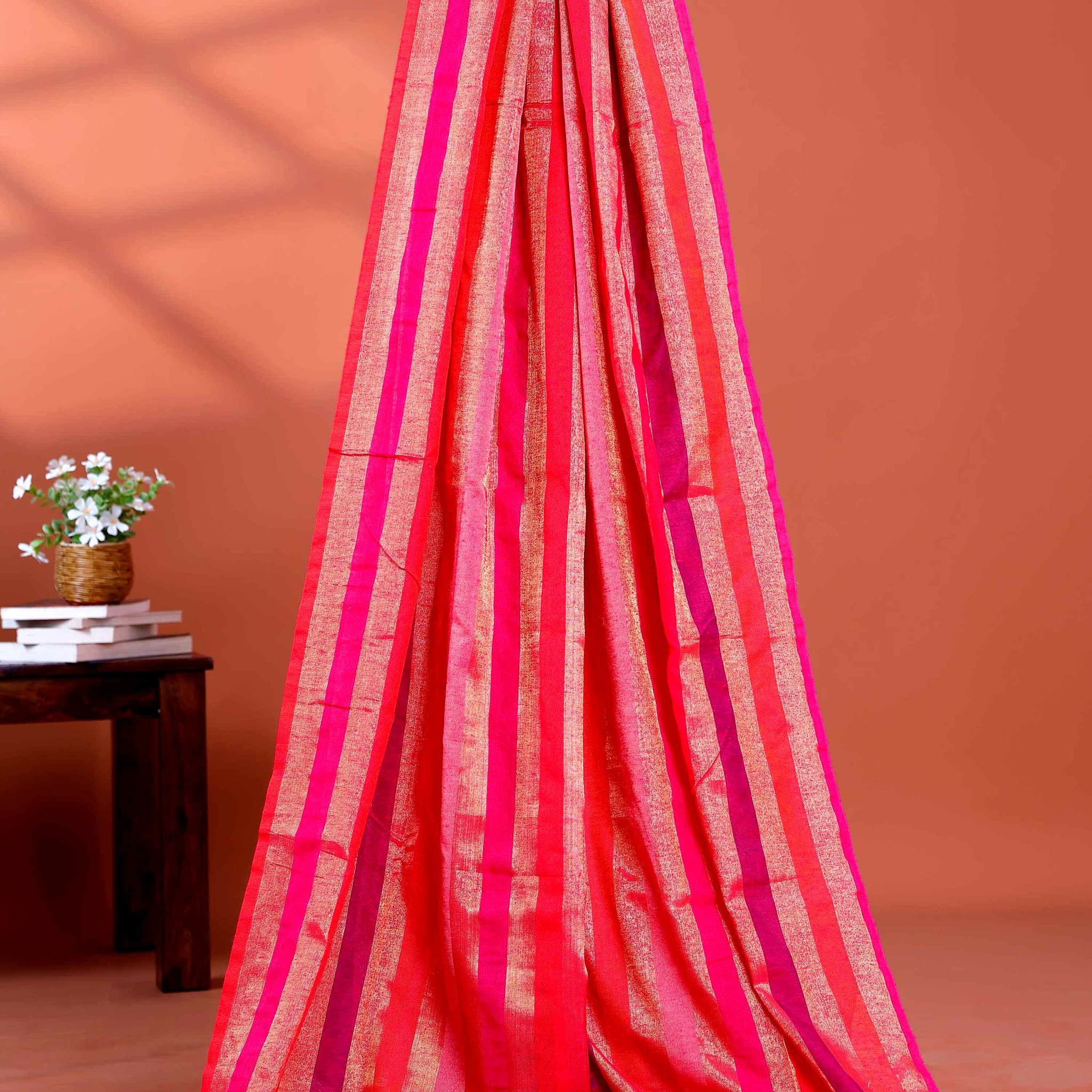 Handloom Mul Mul Cotton Saree with Vertical Stripe Pattern and Decorative Tassels - Multi