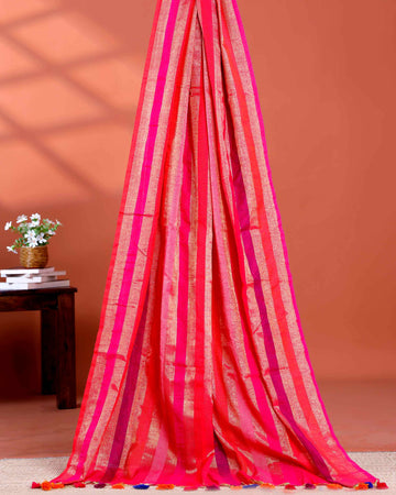 Handloom Mul Mul Cotton Saree with Vertical Stripe Pattern and Decorative Tassels - Multi