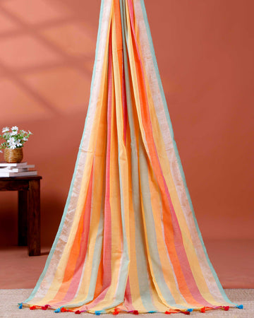 Handloom Mul Mul Cotton Saree with Vertical Stripe Pattern and Decorative Tassels - Multi