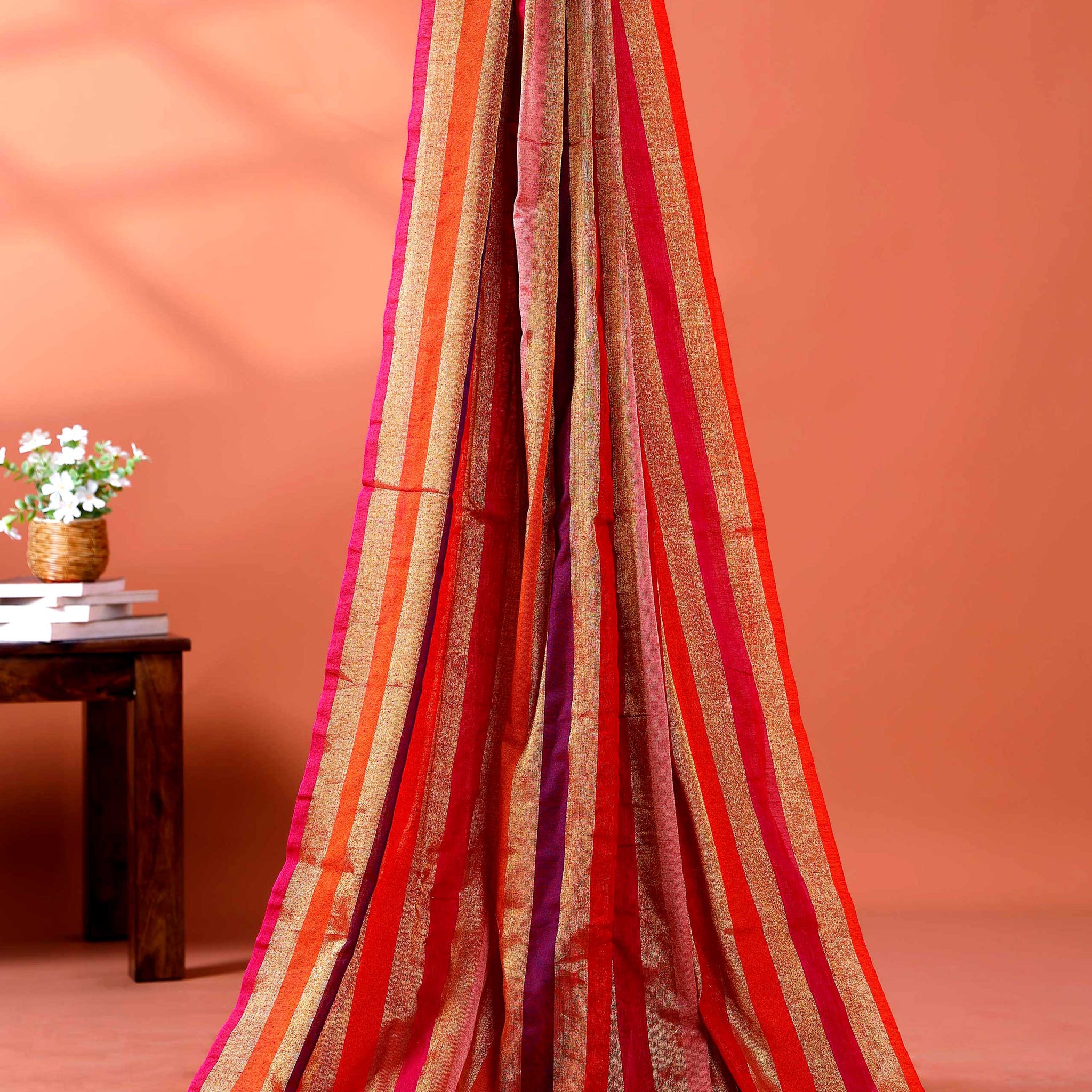 Handloom Mul Mul Cotton Saree with Vertical Stripe Pattern and Decorative Tassels - Multi