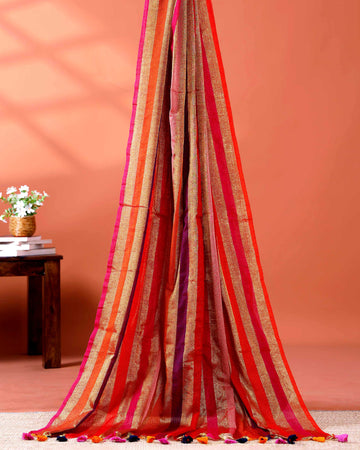 Handloom Mul Mul Cotton Saree with Vertical Stripe Pattern and Decorative Tassels - Multi