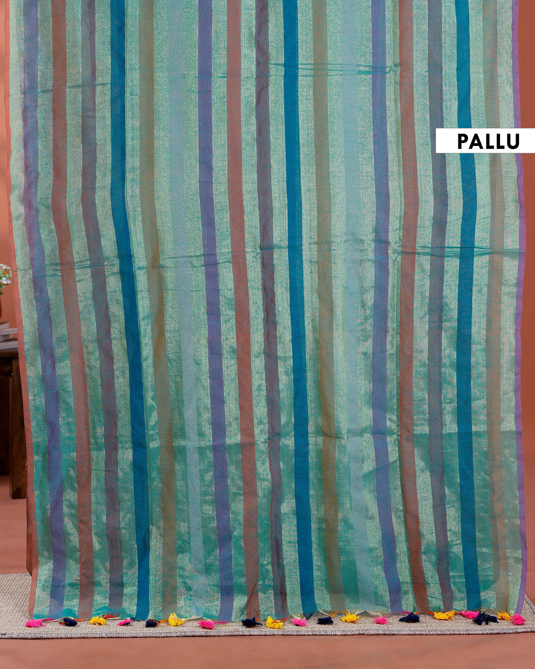 Handloom Mul Mul Cotton Saree with Vertical Stripe Pattern and Decorative Tassels - Teal