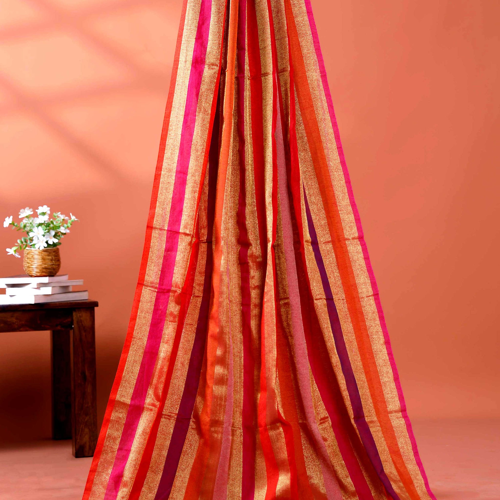Handloom Mul Mul Cotton Saree with Vertical Stripe Pattern and Decorative Tassels - Multi