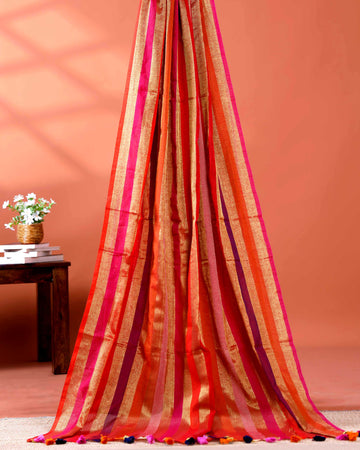 Handloom Mul Mul Cotton Saree with Vertical Stripe Pattern and Decorative Tassels - Multi