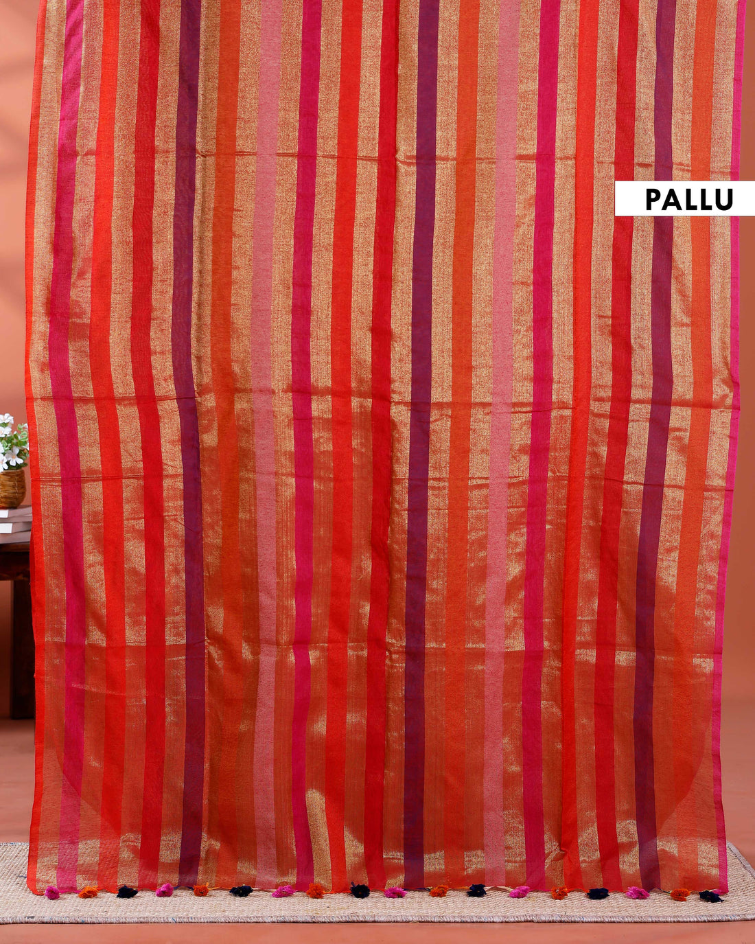 Handloom Mul Mul Cotton Saree with Vertical Stripe Pattern and Decorative Tassels - Multi