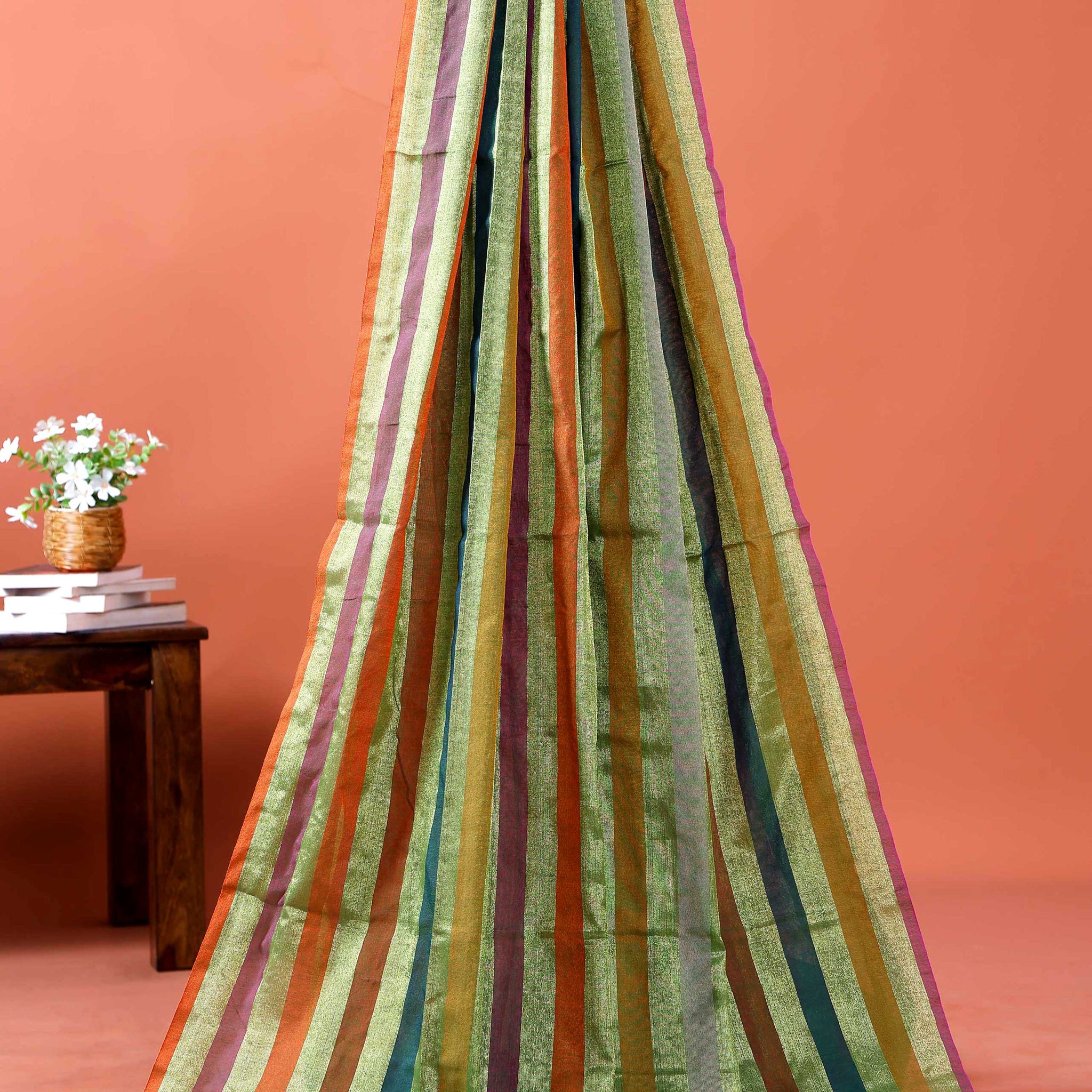 Handloom Mul Mul Cotton Saree with Vertical Stripe Pattern and Decorative Tassels - Green