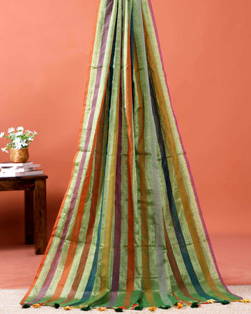 Handloom Mul Mul Cotton Saree with Vertical Stripe Pattern and Decorative Tassels - Green