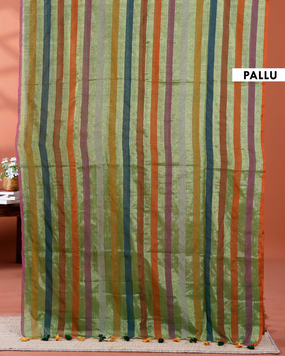 Handloom Mul Mul Cotton Saree with Vertical Stripe Pattern and Decorative Tassels - Green