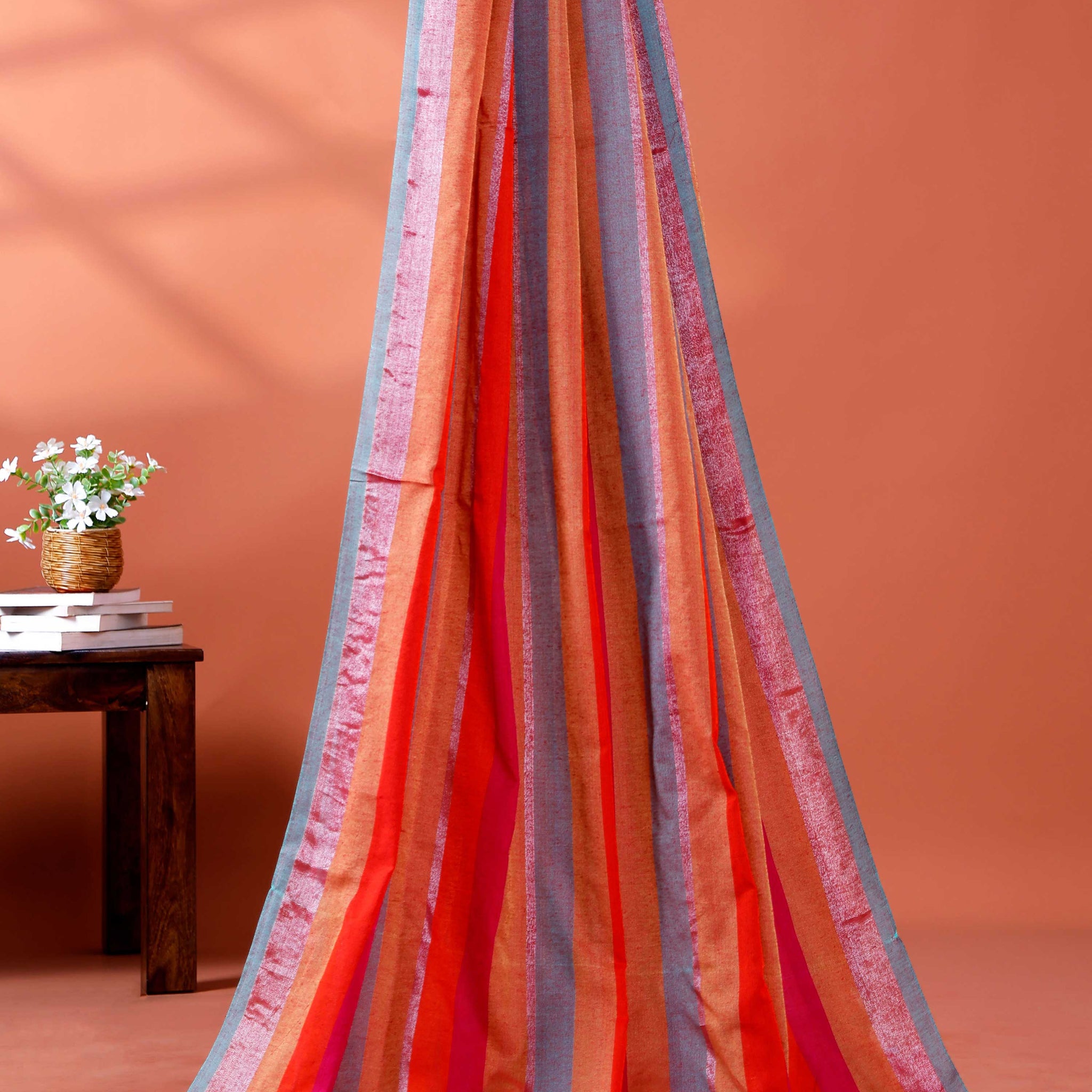 Handloom Mul Mul Cotton Saree with Vertical Stripe Pattern and Decorative Tassels - Multi