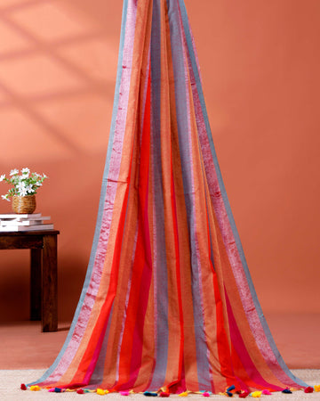 Handloom Mul Mul Cotton Saree with Vertical Stripe Pattern and Decorative Tassels - Multi