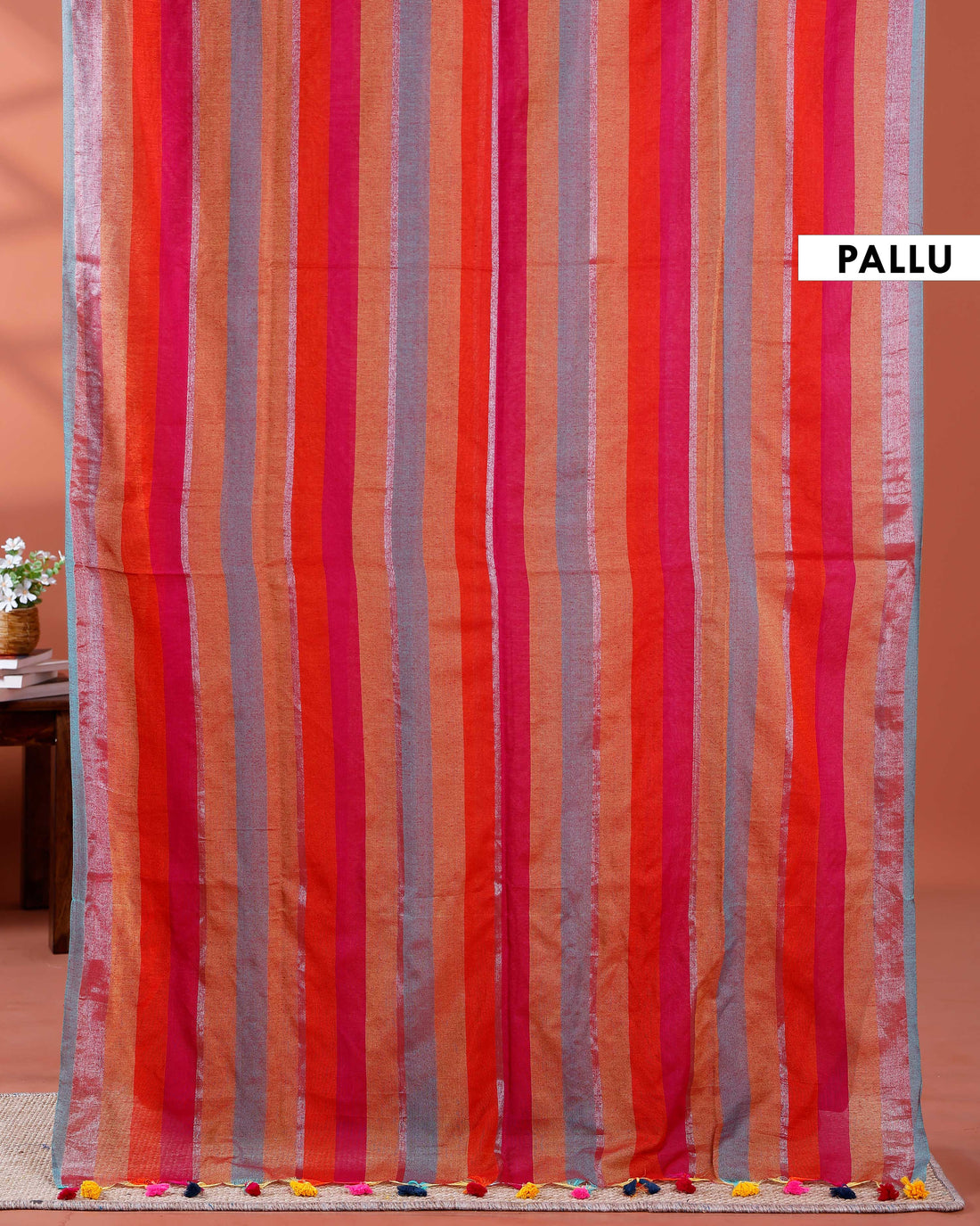 Handloom Mul Mul Cotton Saree with Vertical Stripe Pattern and Decorative Tassels - Multi